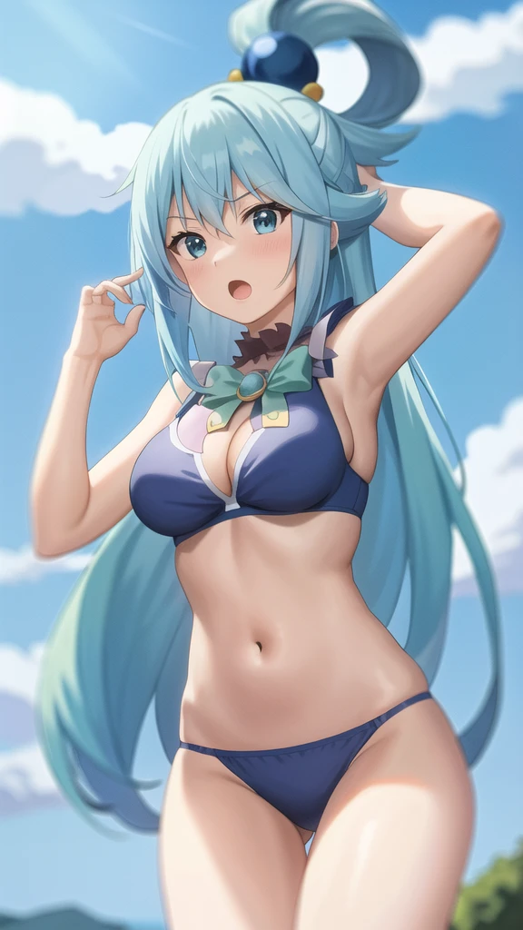 ,anime screencap,anime coloring,
1girl, long hair, solo, blue hair, blue eyes, open mouth, tight bra and panties, hair rings, sky, day, hair ornament, cloud, breasts, bow, blue sky, grass, green bow, bare shoulders
