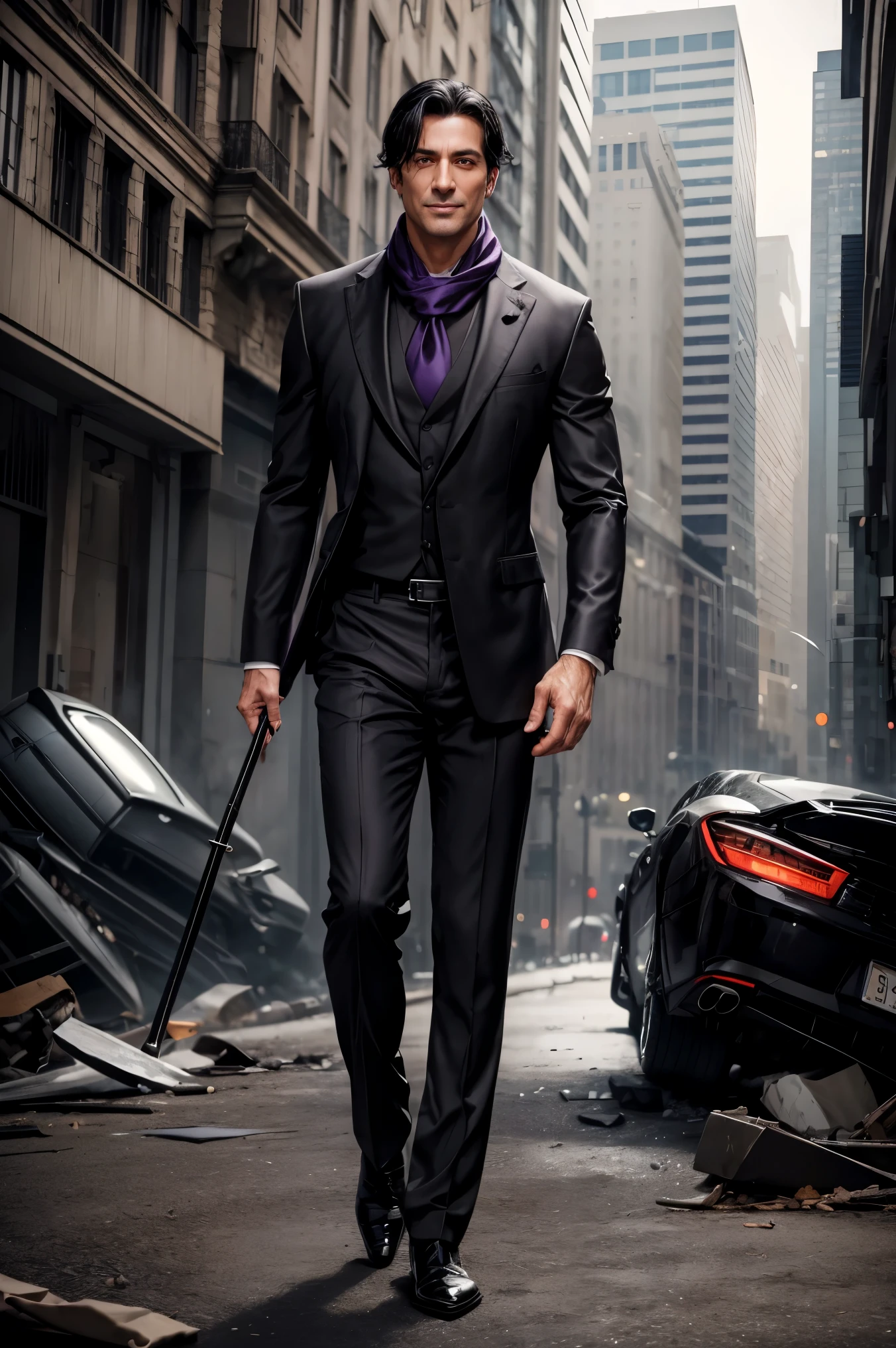 Elegant Men, 50th Generation, mature, Dark black hair, Short Straight Hair, hair up to the neck, Orange eyes, Black eyepatch, Grey Ballroom Blouse, Black blouse underneath, Purple scarf on tie, Grey ballroom pants, Black ballroom shoes, Ivory walking stick, Smile modestly, Muscular man, Ruined cityscape, wreckage, Beautiful man.
