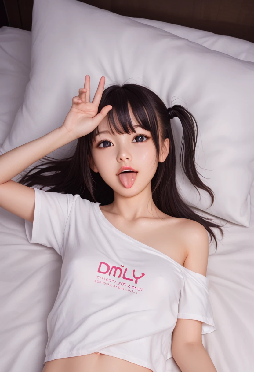 black t-shirt,off-shoulder look,bare shoulder,ollarbone,midriff peek,string panties,(open mouth:1.5),(tongue out:2),lying,Selfie,(overhead shot:1),front view,upper body,(1girl,Beautiful 14 year old girl),((Slender,Small breasts,Small face,)),(looking at viewer),Black Hair,bangs,one side up,Beautiful and detailed,(Dimly lit room:1.5),Simple Background,White bed,pillow,Mischievous smile
