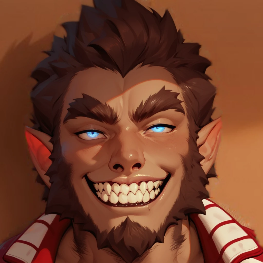  beard, thick eyebrows, squinted eyes, horny, smile, pointy ears, masculine, red varsity jacket, werewolf

