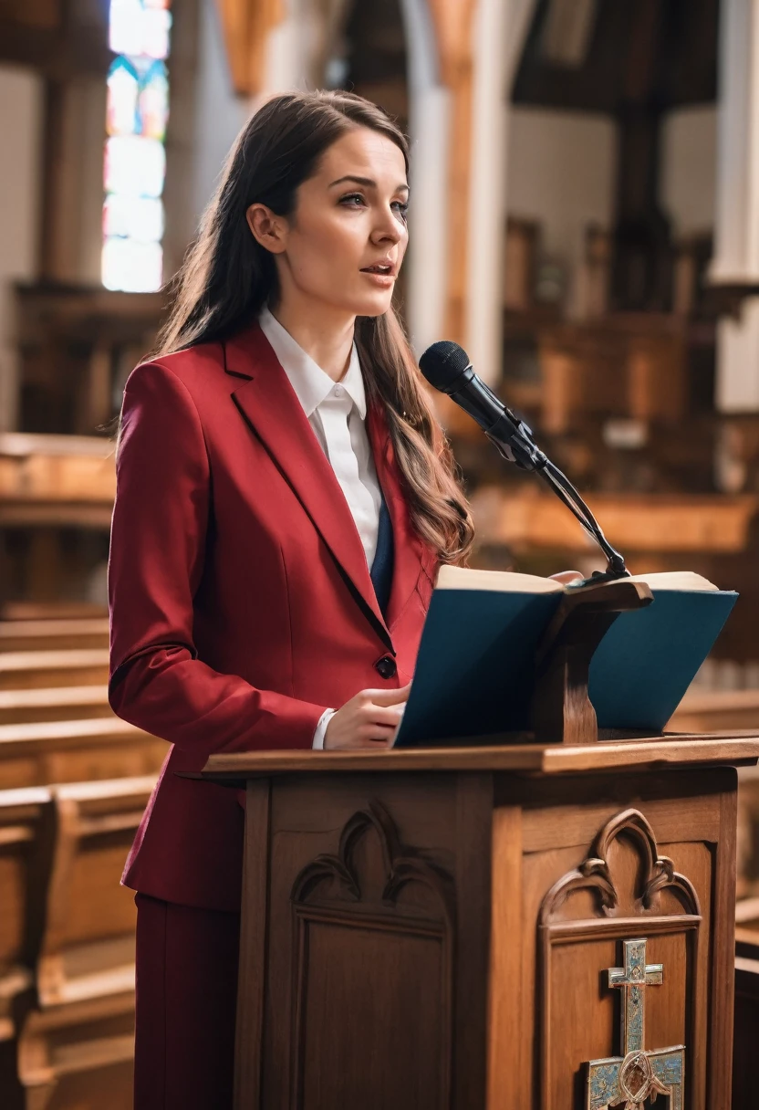 a realistic cinematic photo of the 30 year old woman wearing reddish suit giving a speech at a lectern in a ((protestant church)), long hair, bible on the pulpit, ((front view)), long shot in Nikon D850 DSLR, 200mm f/1. 8 lens,