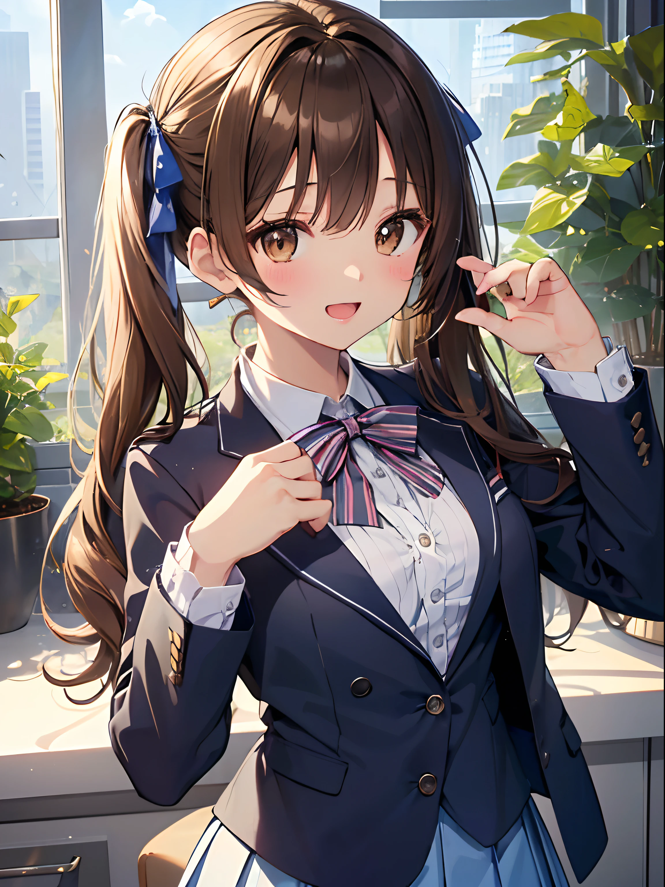 (Highest qualityのイラスト:1.2), (cute女の子:1.1), (One Girl, solo:1.5), (One Girl、14 years、cHelloldish、One Pose、cute、A clean image、Small breasts:1.5、Ultra-detailed eyes:1.2)、(Small Tits,Flat Chest:1.1)、((Brown eyes、Brown Hair:1.5))、(short hair)、Wavy Hair、Curly Hair、Bans、Low twin tails、Short Twin Tails、 (Hellogh-school uniform、Dark Blue Blazer、wHellote sHellort、Light blue ribbon、Check Pleated Skirt)、Evening shower、Raindrops、See through、The bra is a little sheer、Light blue striped bra、,Upper body、Big smile、Open your mouth、Hello、Brown Hair、short hair、Wavy Hair、Low twin tails、break(Highest quality、Ultra-detailed、Helloghly detailed and beautiful、超A Hellogh resolution、Detailed arms:1.2)、Close-up、breast enhancement, Wink(