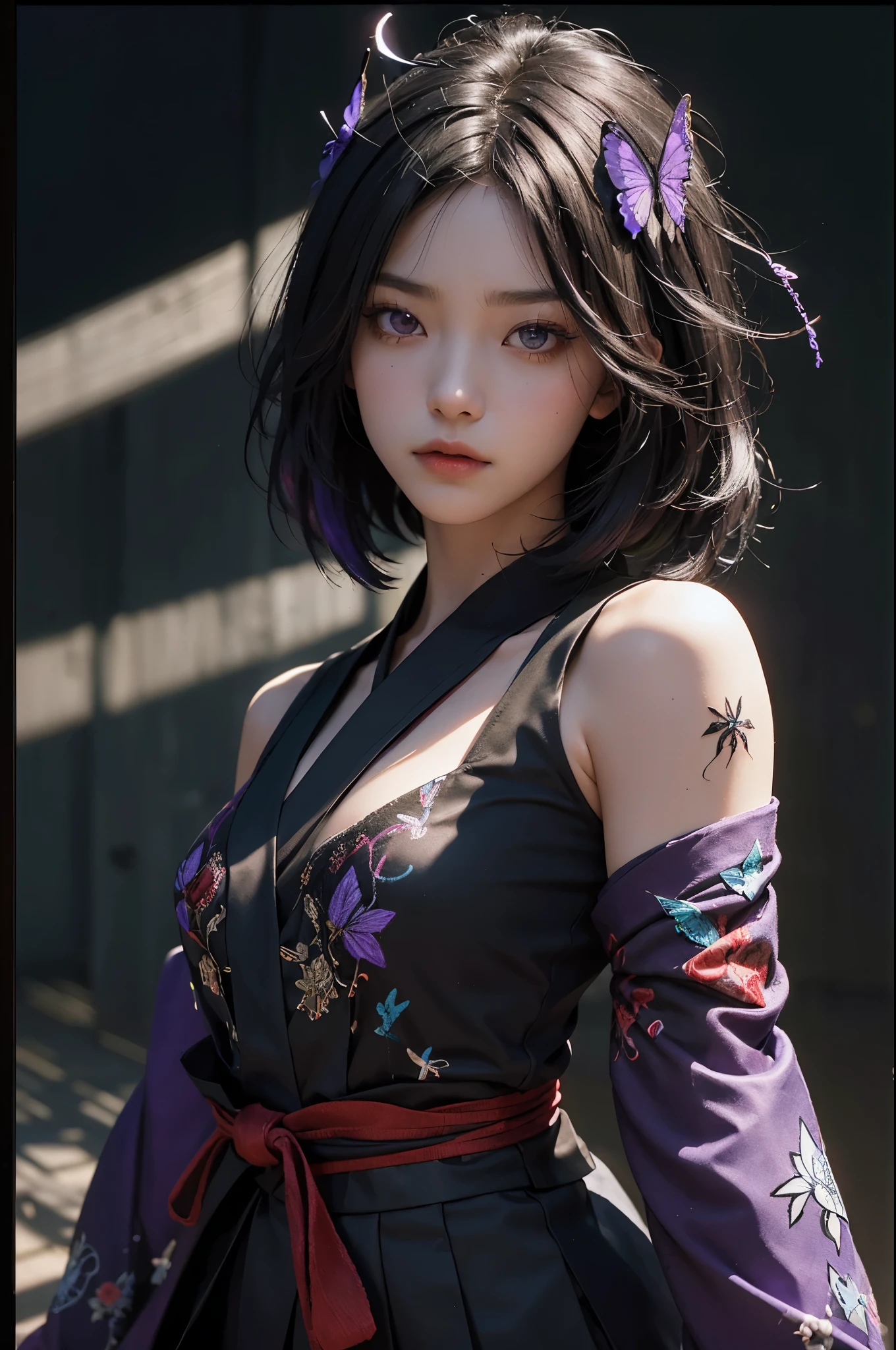 8K,Women in traditional Japanese kimonos fighting,(Dark Shot:1.4), 80mm, (Dark Shot:1.4), 80mm, A magnificent reality, Big eyes,Black short bob hair,Black and purple butterfly hair ornament,Black kimono and red obi,黒と紫のButterfly embroidery(精密なButterfly embroidery),Purple eyes(Purple Effect),mat, art,Horror movie lights, Photo Lab, High resolution, 複雑で非常にdetailed, (Depth of written border:1.4), (Dark Shot:1.22), (artステーション:1.2), 超detailedな, dramatic, Intricate details, (Technicolor:0.9), (Rutkowski:0.8), Like a horror movie, detailed, Soft Light, sharp, Exposure Blending, Medium Shot, (Noir:0.4), horror light,sharp, Exposure Blending、Medium Shot,Photorealistic RAW photos of the highest quality。Backlight, Cinema Lighting, Film Grain, 50mm lens, Nikon D850,Realistic Skin,ファンタジーart,キャラクターart,超High resolution,Muscular and slim body,super Realistic Skin,Late Night,Underworld demon makeup,Battle Scenes,Action Scenes,Action pose,激しいAction pose,fierce fighting,Holding a dagger,Acrobatic pose,Fighting Style,Butterfly embroidery,Dim forest,