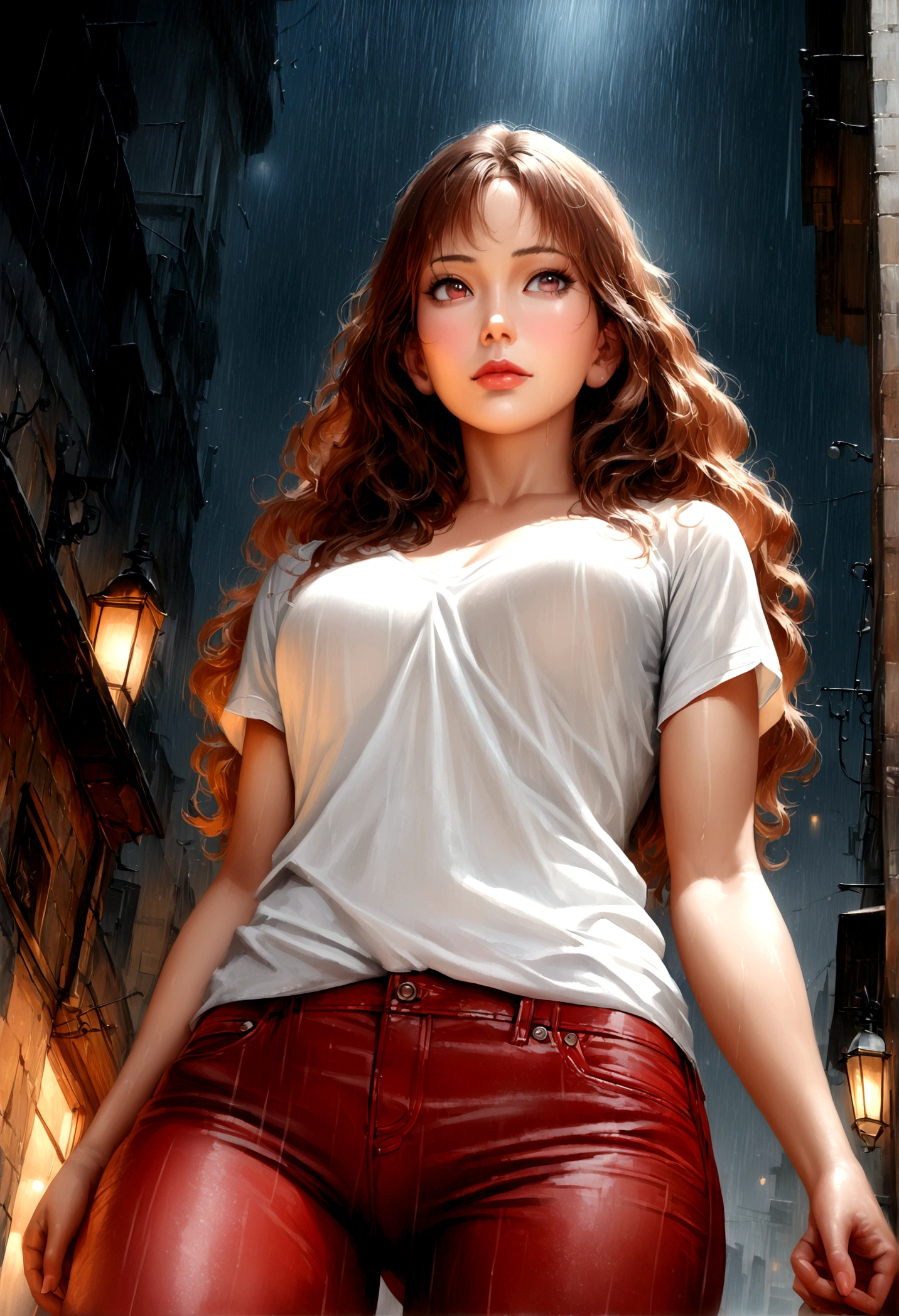 1girl, beautiful, wavy hair, almond eyes, no make up, wearing white shirt open with white top and red jeans, in a heavy rainfall night standing in road close up, (from below:1.2), (photorealistic:1.2), (ultra realistic:1.3), (very detailed:1.1), ((masterpiece)),