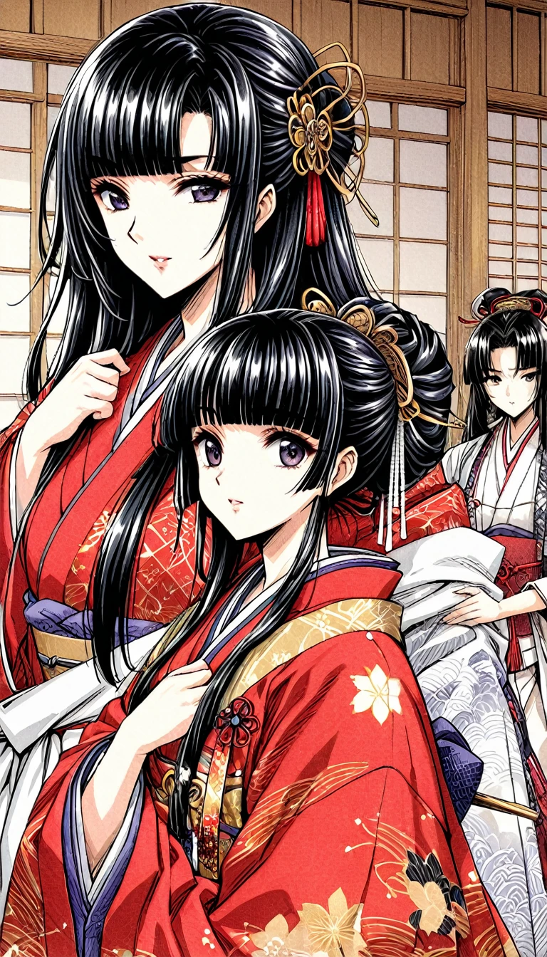 ((Highest quality)), ((masterpiece)), (detailed), （Perfect Face）、（The woman is a -yeld press from the Sengoku period in Japan., Long black hair and a beautiful face　Located in a luxurious samurai residence.、The woman is wearing a Japanese white kimono with a richly embroidered red shiny robe over it.　The red robe worn by Japanese princesses　Her hair is styled in a straight hime cut.　It is decorated with gorgeous ornaments from the Edo period.,   