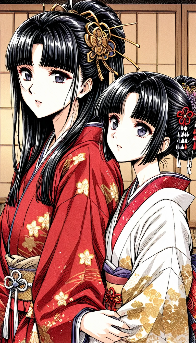 ((Highest quality)), ((masterpiece)), (detailed), (Perfect Face)、(The woman is a 12-year-old princess from the Sengoku period in Japan., Long black hair and a beautiful face Located in a luxurious samurai residence.、The woman is wearing a Japanese white kimono with a richly embroidered red shiny robe over it. The red robe worn by Japanese princesses Her hair is styled in a straight hime cut. It is decorated with gorgeous ornaments from the Edo period.,