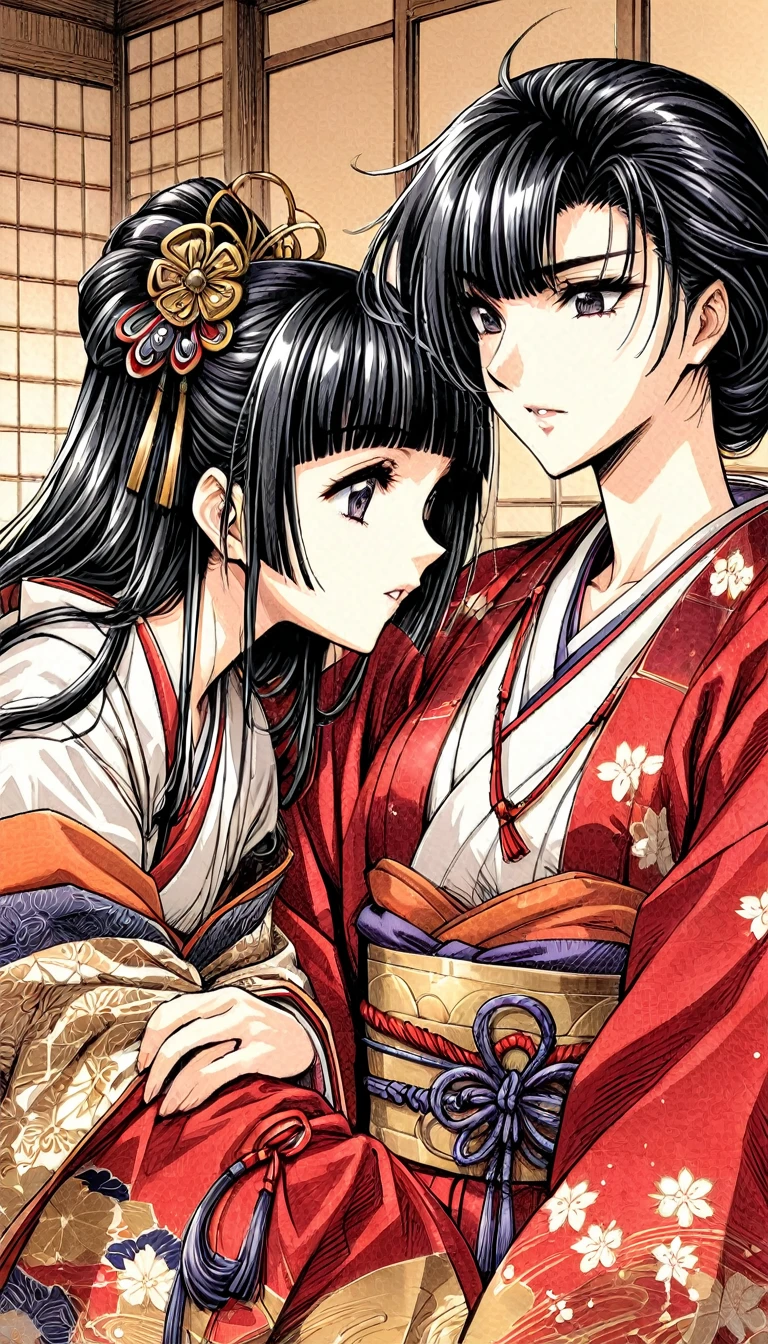 ((Highest quality)), ((masterpiece)), (detailed), （Perfect Face）、（The woman is a 12-year-old princess from the Sengoku period in Japan., Long black hair and a beautiful face　Located in a luxurious samurai residence.、The woman is wearing a Japanese white kimono with a richly embroidered red shiny robe over it.　The red robe worn by Japanese princesses　Her hair is styled in a straight hime cut.　It is decorated with gorgeous ornaments from the Edo period.,   