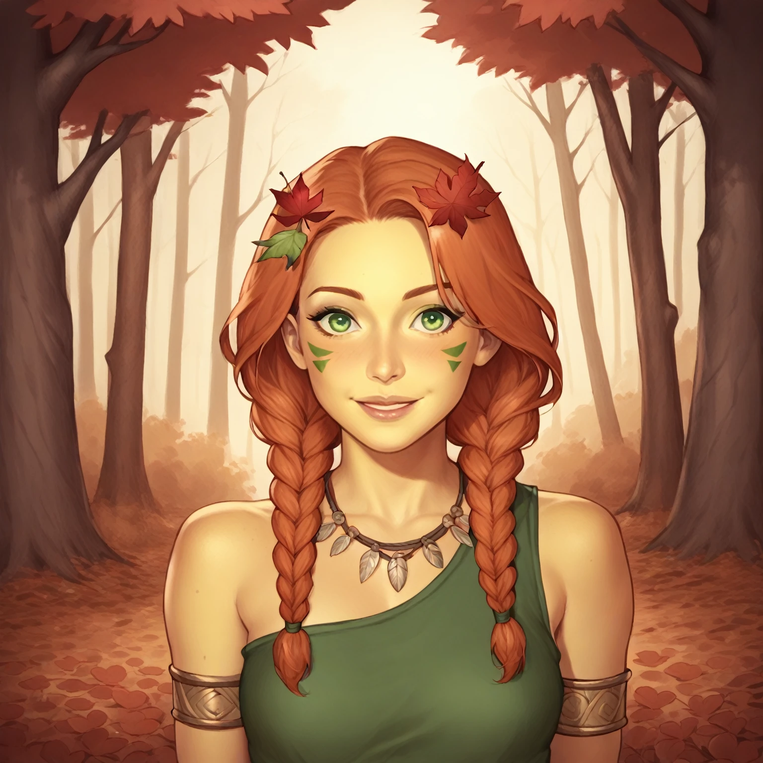 (((beautiful, high quality, perfect eyes, comics style, semi-realistic, detailed face))), bust shoot, score_9, score_8_up, score_7_up, | solo, 1 woman, skinny, 19 years old, ((pale yellow skin)), high cheekbones, perfect round mint green eyes, (wood nymph), light green facepaint, facial mark, tribal, | wear a sleeveless dress, straw color dress, autumn leaves covered dress, druid necklace, druid armlet, | long ginger hair, twin braids, two long braids, (many red flowers on hair), shy smile, action pose, | outdoor, fantasy background, autumn, boreal forest, insects, wind blowing, easynegative, JIM EIDOMODE, Dungeons and Dragons 5th edition style illustration,