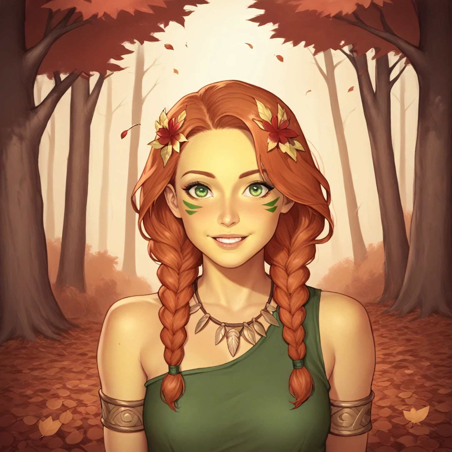 (((beautiful, high quality, perfect eyes, comics style, semi-realistic, detailed face))), bust shoot, score_9, score_8_up, score_7_up, | solo, 1 woman, skinny, 19 years old, ((pale yellow skin)), high cheekbones, perfect round mint green eyes, (wood nymph), light green facepaint, facial mark, tribal, | wear a sleeveless dress, straw color dress, autumn leaves covered dress, druid necklace, druid armlet, | long ginger hair, twin braids, two long braids, (many red flowers on hair), shy smile, action pose, | outdoor, fantasy background, autumn, boreal forest, insects, wind blowing, easynegative, JIM EIDOMODE, Dungeons and Dragons 5th edition style illustration,