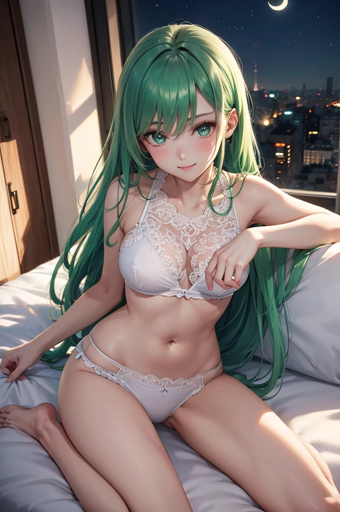 Best Quality,High resolution,8K,finelity detailed background,Masterpiece:1.2),beautiful girl,Shiny green hair,asymmetrical hair,Green Eyes,Gentle look,A refreshing look,smile,Best quality,Best Quality,Aesthetic and aesthetic:1.2,Best details((Super detailed))(High-definition CG illustrations),Purple underwear (gray,intricate lace),Slender body,night,moon,Bedroom,On the bed,smile,blush,cute,Scrounge,Looking up,Being spoiled,super model,wariza,shoot from above