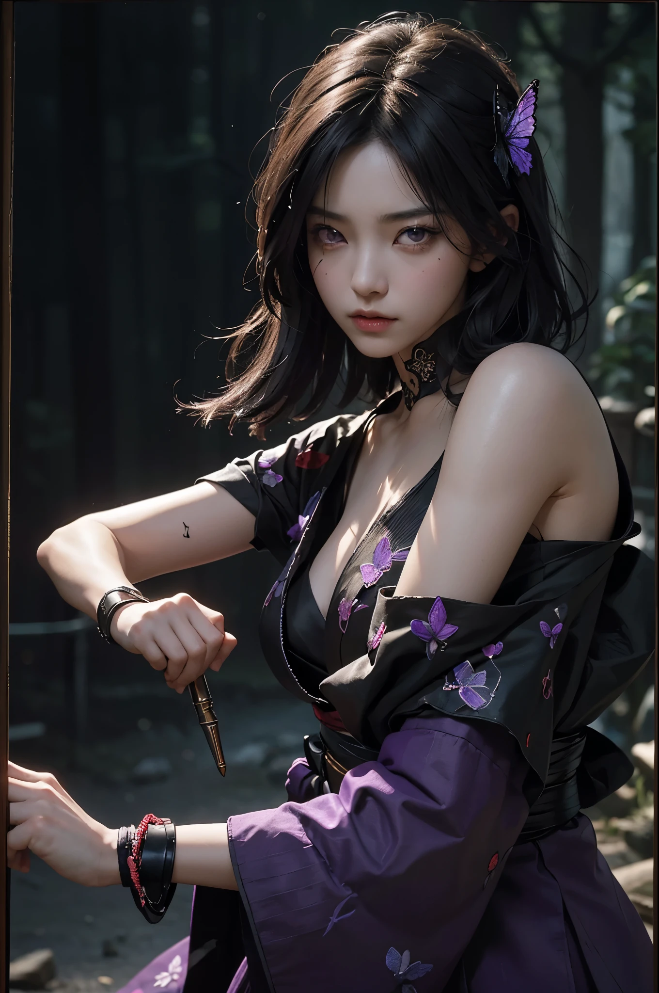 8K,Women in traditional Japanese kimonos fighting,(Dark Shot:1.4), 80mm, (Dark Shot:1.4), 80mm, A magnificent reality, Big eyes,Black short bob hair,Black and purple butterfly hair ornament,Black kimono and red obi,黒と紫のButterfly embroidery(精密なButterfly embroidery),Purple eyes(Purple Effect),mat, art,Horror movie lights, Photo Lab, High resolution, 複雑で非常にdetailed, (Depth of written border:1.4), (Dark Shot:1.22), (artステーション:1.2), 超detailedな, dramatic, Intricate details, (Technicolor:0.9), (Rutkowski:0.8), Like a horror movie, detailed, Soft Light, sharp, Exposure Blending, Medium Shot, (Noir:0.4), horror light,sharp, Exposure Blending、Medium Shot,Photorealistic RAW photos of the highest quality。Backlight, Cinema Lighting, Film Grain, 50mm lens, Nikon D850,Realistic Skin,ファンタジーart,キャラクターart,超High resolution,Muscular and slim body,super Realistic Skin,Late Night,Underworld demon makeup,Battle Scenes,Action Scenes,Action pose,激しいAction pose,fierce fighting,Holding a dagger,Acrobatic pose,Fighting Style,Butterfly embroidery,Dim forest,