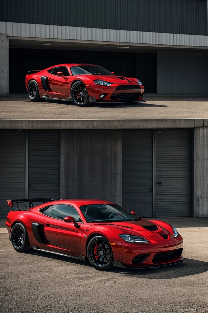 I want you to design a Dodge brand car which is a sports car from the years 2000 to 2015 which is red in color I want you to show me all the angles of the car I want it to be aerodynamic that has an elegant and a little aggressive aesthetic with a engine Six cylinders in line the car has to have a low suspension almost close to the ground with black wheels a spoiler and the front part has to be distinctive six cylinders in line the car has to have a low suspension almost close to the ground with black wheels, a spoiler and the front has to be distinctive