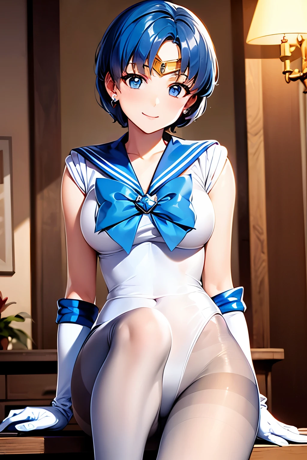 Highest quality, (masterpiece:1.2), Very detailed, 
One girl, alone,
View your viewers, smile, Medium chest, 
Water Eye, Blue Hair, short hair、Permed hair((pantyhose))、Bedroom、((Sailor Mercury))、((Long gloves))、leotard、mini skirt、boots、(Leg spread)