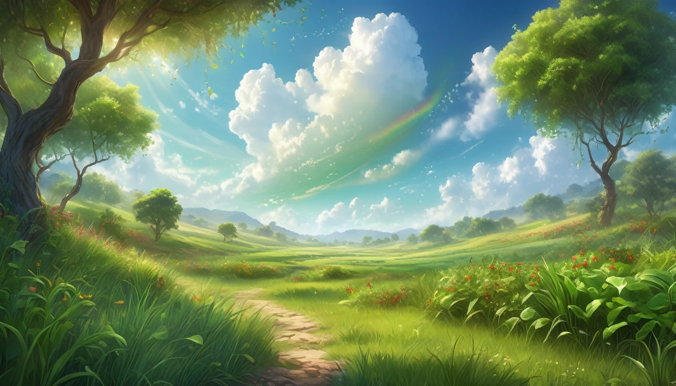 Hyper-realistic cinematic photographic patterns, lighting and ultra-detailed image. Creation of Vegetation: emergence of vegetation on land, with grass covering the ground, herbs with seeds sprouting and fruit trees beginning to bear fruit. Realistic digital painting style. Predominant shades of green, with touches of brown and vibrant fruit colors. Grass and herbs in the foreground, fruit trees in the background, clear blue sky in the background. Atmosphere of creation and renewal, transmitting peace and prosperity. Widescreen image format with 4K resolution.