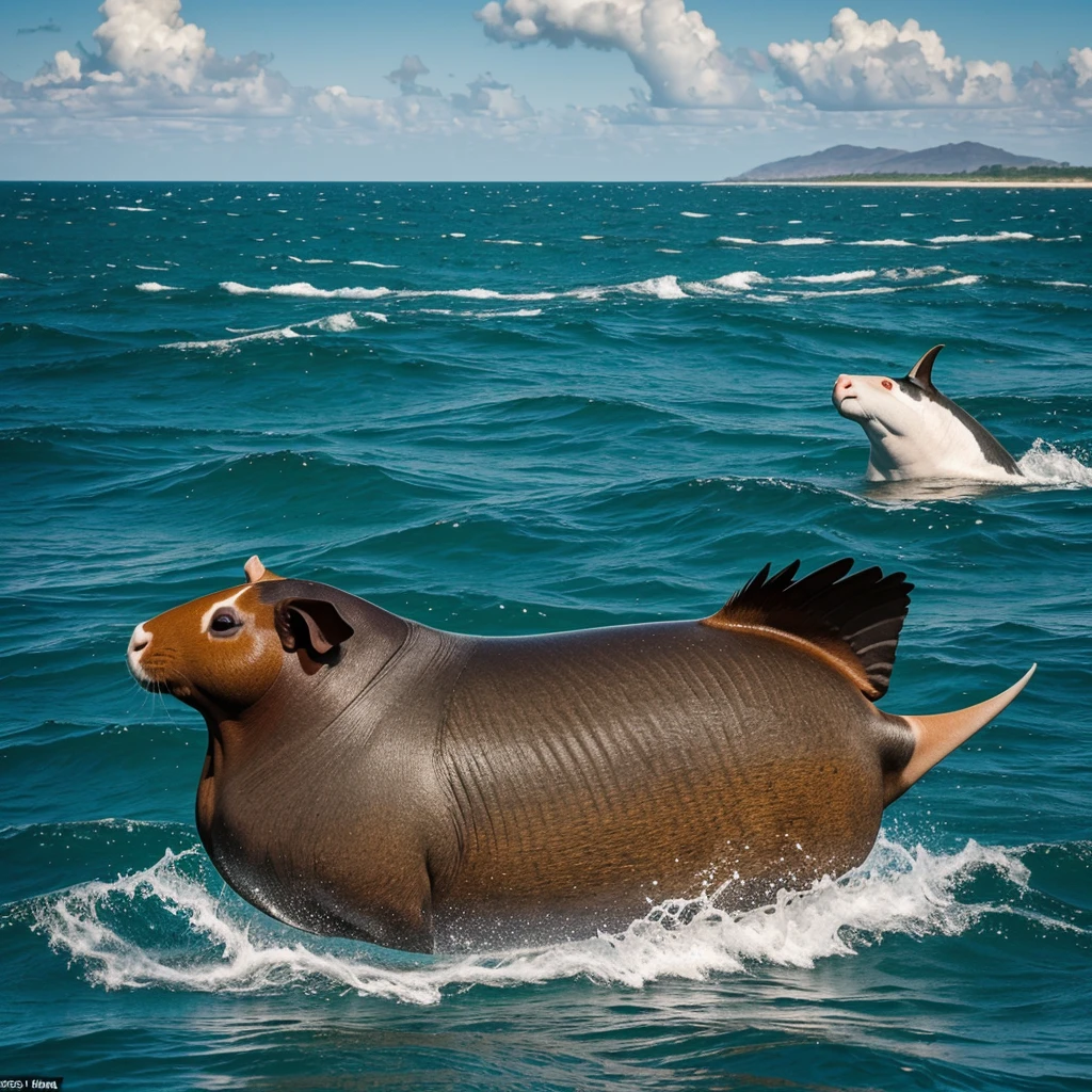 real photography, unique composition that mixes and brings together in an almost surreal design four different types of animals in a single guinea pig body, vulture tail, Bugios head, arms and legs of a bull shark. There is a frame in the image that refers to the 2d image drawn with lines that become wind and water and fire and earth at the base, WITH TRANSPARENT BACKGROUND. the word "shallow" hides somewhere in the image