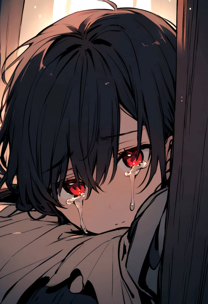 boy, red eyes, black hair, hiding face, curled up, crying