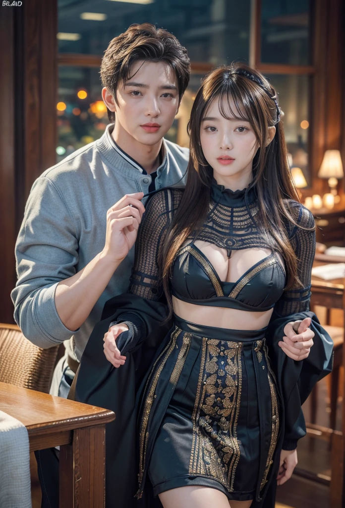 8K Super Resolution、Beautuful Women、One lady、Dark brown hair:1.1、com rosto detalhado、Detailed lips、significant、（Eyes are in focus）、二重まぶた、Eyes of the Princess、 beautfull Japanease woman、Beautiful Japan、Travel around the country、((Darkroom lighting))、 sensual lip、Bewitching body、captivating posture、((Young men(Woman 1)Touch the body:1.8))、((Young men(Woman 1)touch breasts:1.8))、(((G Cup Big)))、(((Huge breasts!!!!)))Bust 82、8 class large、Striking a balance、in her 20s、Perspective、Lovely smile, Shiny Japanese kimono details with black floral pattern isolated on white background、Ultra-realistic and detailed floral patterns and shiny knots、Sharp images、Delicate eye shine、(Wear beautiful Japanese patterns)、Natural hand shape、((20 year old Japanese beautiful girl in thin and sexy colorful lace color lingerie))、(((Sexy colorful lace panties)))、((Thin and sexy colorful lace panties))、