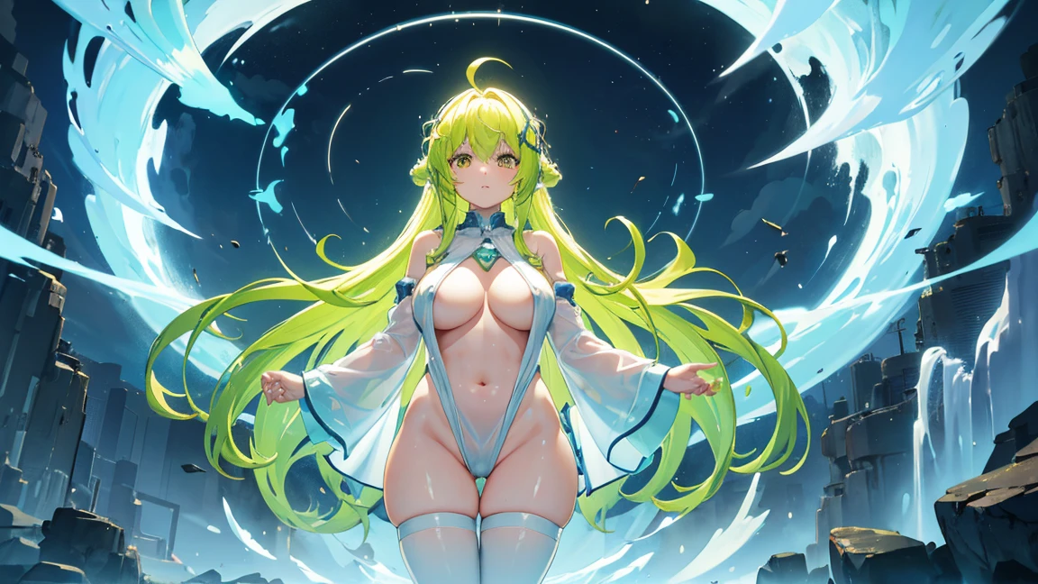 A slime girl with bright yellow hair and a translucent body., Big Tits, Slightly chubby body:0.2, White clothes, Place your hand on your chest, Inside the underground labyrinth, shiny hair, cloud hair, sleepy, anime style, UHD, masterpiece, accurate, anatomically correct, super detail, best quality, highres, 4K