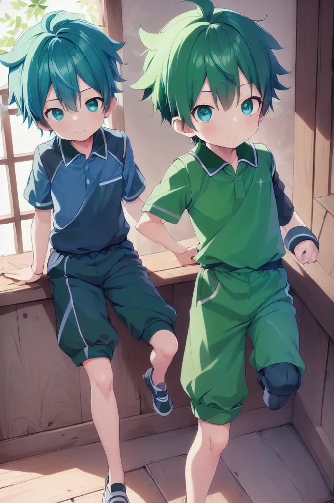 1 boy, Aoi, Blue Hair, masterpiece, Ultra Detailed, Male focus, Green Polo Shirt, Green baseball cap, Green Eyes，One-piece mountaineering suit
 