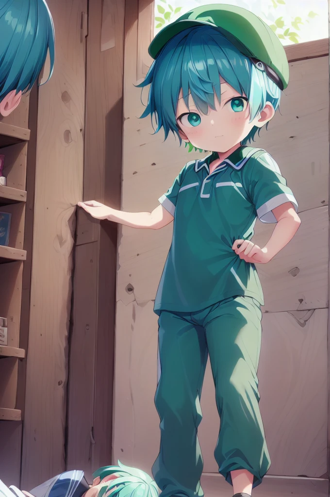 1 boy, Aoi, Blue Hair, masterpiece, Ultra Detailed, Male focus, Green Polo Shirt, Green baseball cap, Green Eyes，One-piece mountaineering suit
 