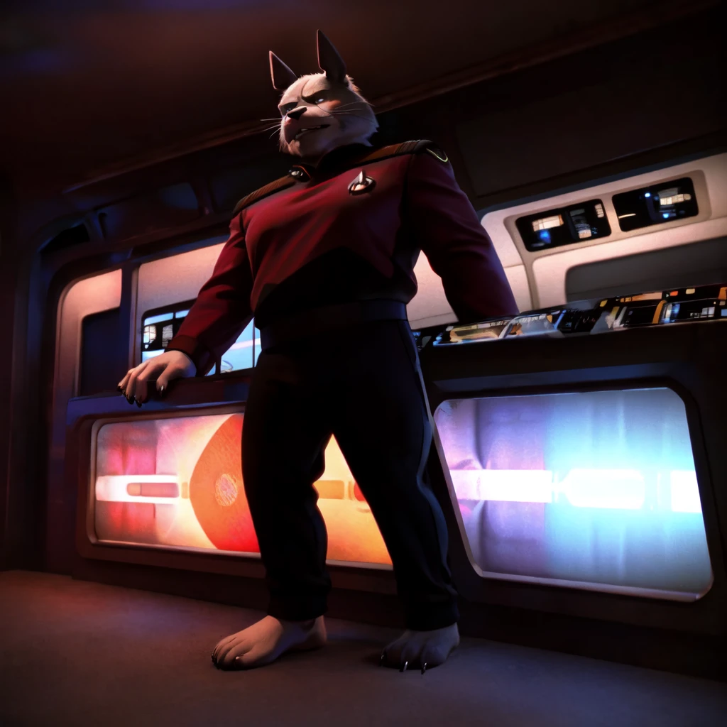 (((Barefoot furry character, full body, cinematic setting, furry male, plantigrade))) 

captain ((Totoro)), studio ghibili, furry, big, fat, whiskers, grey skin, claws,

drunk at starship bar, wears star trek next generation captain red uniform, ((s3stngunf red uniform))) long black pants, muscular figure, dynamic pose, action expression

((Bridge of starship with many screens and consoles)), futuristic look, metalic, bright colors

BREAK, intricate details, highly detailed, extreme detail, octane render, fine art, best quality, highres, (detailed face:1.5), ((full_body)), UHD, (((perfect hands))), ((low light:1.5))