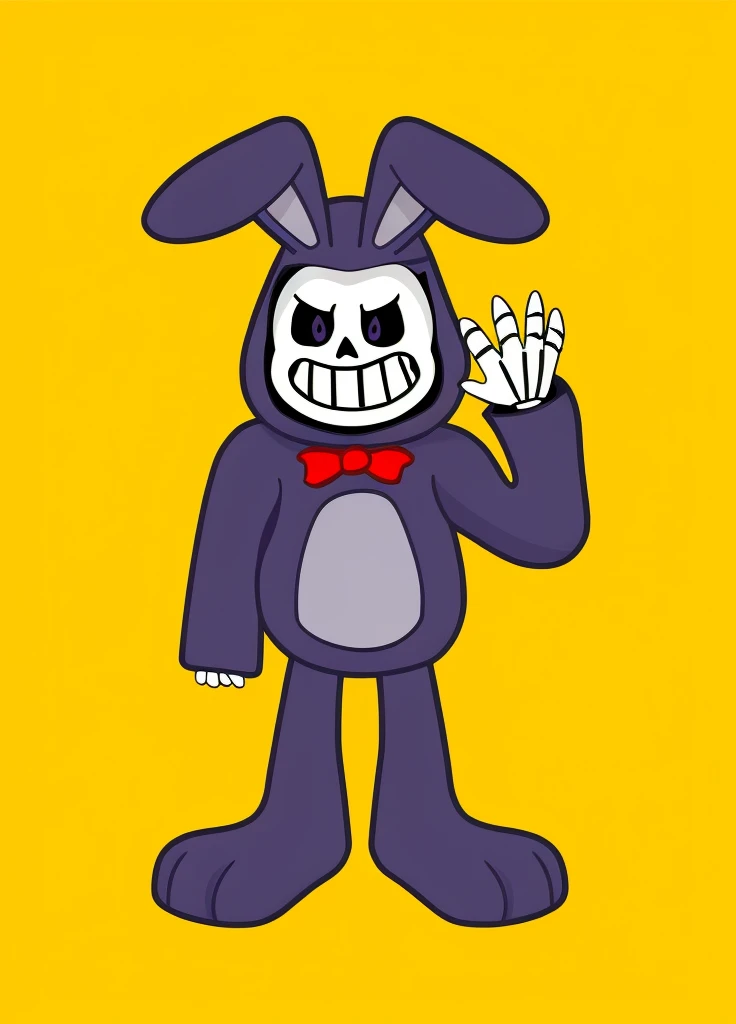 Create a 3D model of a skeleton wearing a purple bunny costume. The costume should have a plush appearance, with a soft and realistic texture. The rabbit must have large, flexible ears, a light gray belly and a red bow around the neck. The skeleton must have a big smile and black hollow eyes. The character&#39;s pose should be friendly, with a hand waving. The background must be transparent.