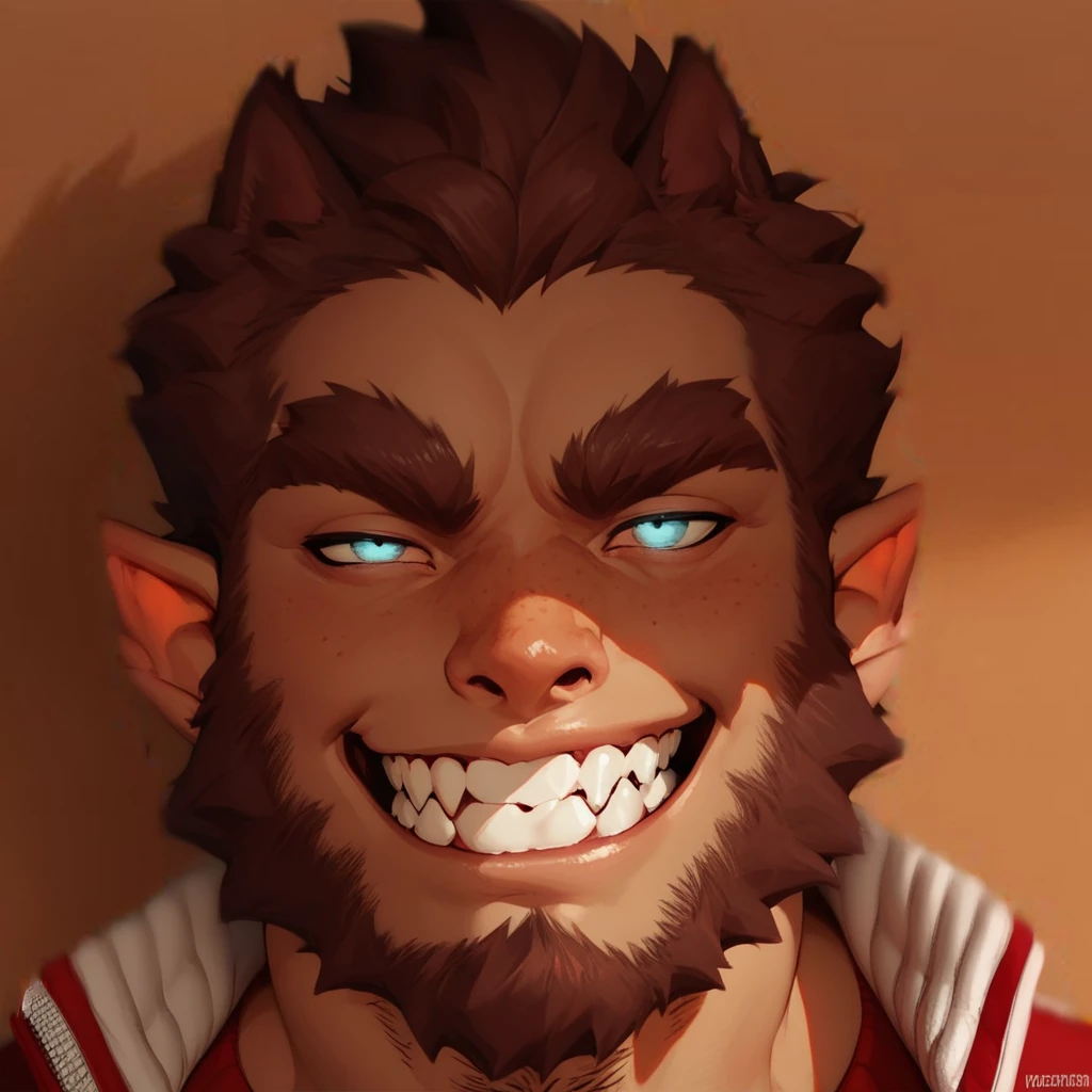  beard, thick eyebrows, squinted eyes, horny, smile, pointy ears, masculine, red varsity jacket, werewolf

