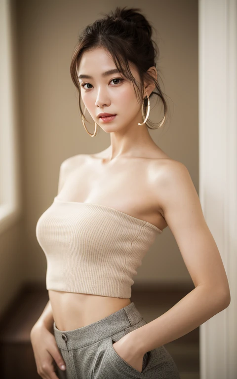 Masterpiece, Highest quality, alone, 1 woman, Glowing skin, hoop earrings, charming, Strange details, smooth hair, Fascinating, bare shoulders, crop top, trousers, shallow depth of field, contrast, professional model, Facing the front, Portrait 