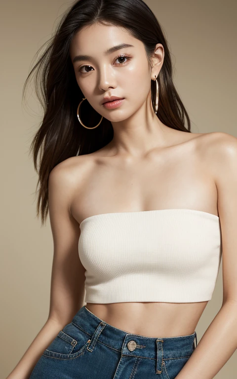 Masterpiece, Highest quality, alone, 1 woman, Glowing skin, hoop earrings, charming, Strange details, smooth hair, Fascinating, bare shoulders, crop top, trousers, shallow depth of field, contrast, professional model, Facing the front, Portrait 