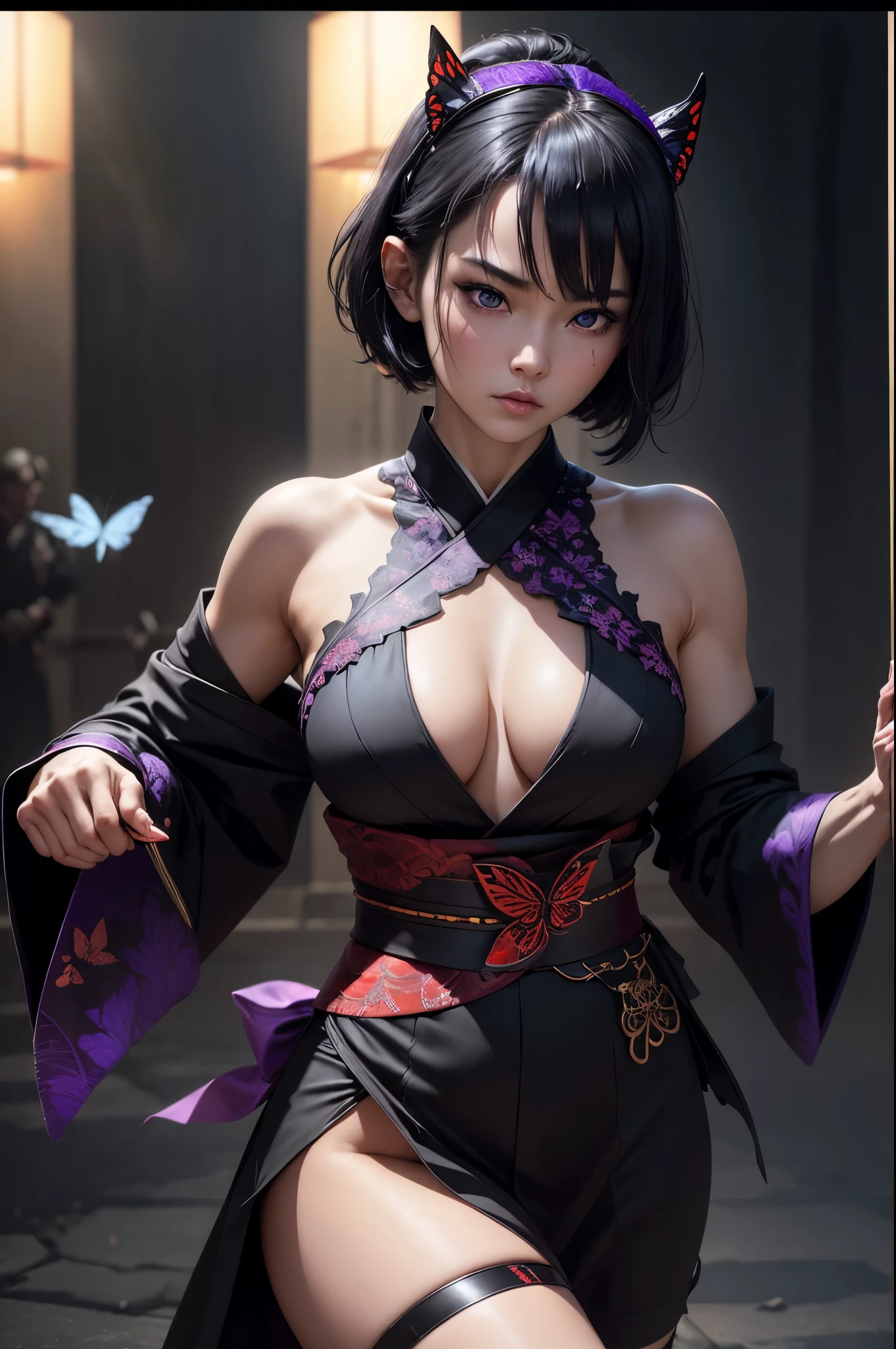 8K,Women in traditional Japanese kimonos fighting,(Dark Shot:1.4), 80mm, (Dark Shot:1.4), 80mm, A magnificent reality, Big eyes,Black short bob hair,Black and purple butterfly hair ornament,Black kimono and red obi,黒と紫のButterfly embroidery(精密なButterfly embroidery),Purple eyes(Purple Effect),mat, art,Horror movie lights, Photo Lab, High resolution, 複雑で非常にdetailed, (Depth of written border:1.4), (Dark Shot:1.22), (artステーション:1.2), 超detailedな, dramatic, Intricate details, (Technicolor:0.9), (Rutkowski:0.8), Like a horror movie, detailed, Soft Light, sharp, Exposure Blending, Medium Shot, (Noir:0.4), horror light,sharp, Exposure Blending、Medium Shot,Photorealistic RAW photos of the highest quality。Backlight, Cinema Lighting, Film Grain, 50mm lens, Nikon D850,Realistic Skin,ファンタジーart,キャラクターart,超High resolution,Muscular and slim body,super Realistic Skin,Late Night,Underworld demon makeup,Battle Scenes,Action Scenes,Action pose,激しいAction pose,fierce fighting,Holding a dagger,Acrobatic pose,Fighting Style,Butterfly embroidery,Dim forest,
