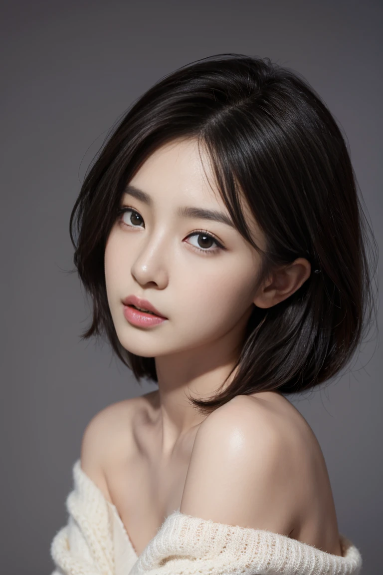 black tight shirt:1.2, look at viewer, movie light, perfect, soft light, high definition skin:1.2, Realistic skin texture, Korean woman in her 30s、small face、No makeup、, off shoulder,B cup breasts、 The rift revealed, conjunctivitis, short hair, dark brown hair、naked、gray background、