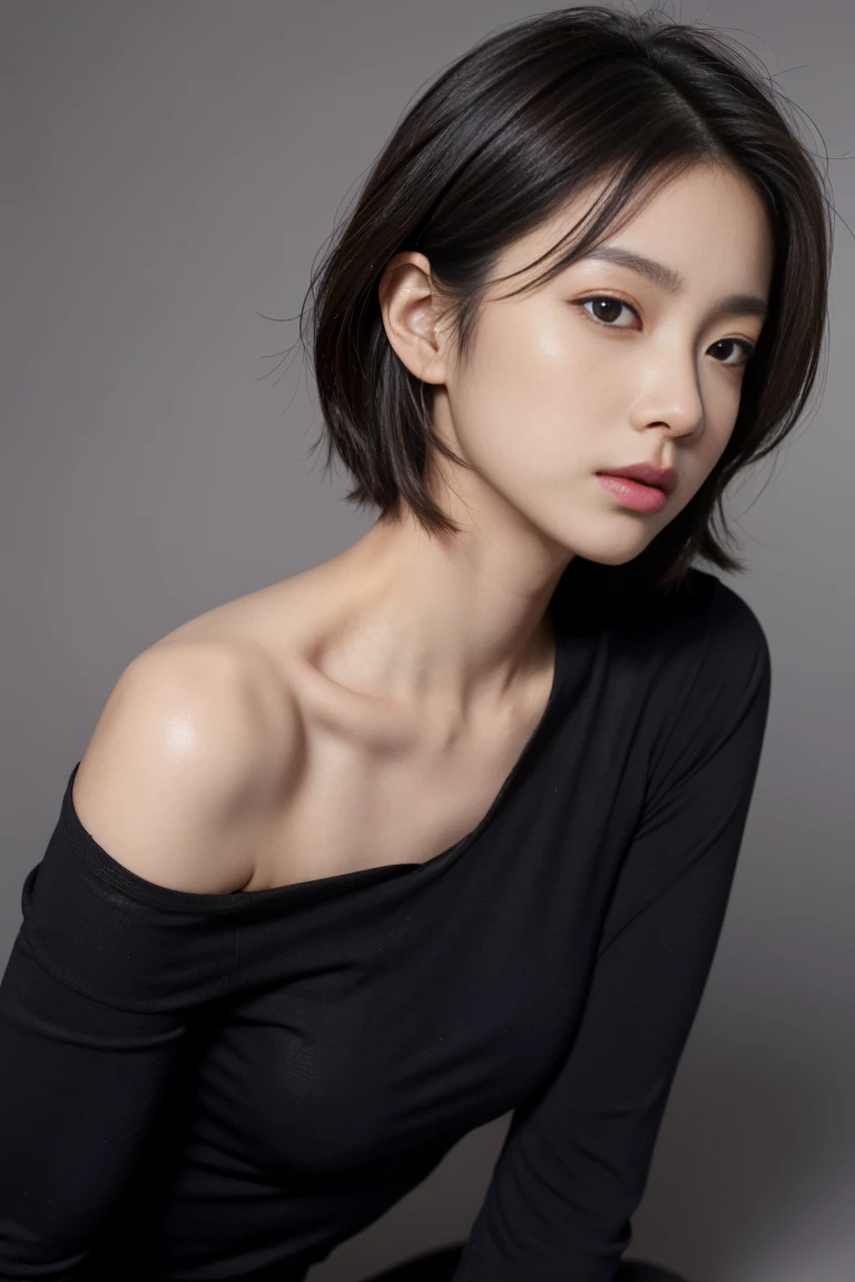 black tight shirt:1.2, look at viewer, movie light, perfect, soft light, high definition skin:1.2, Realistic skin texture, Korean woman in her 30s、small face、No makeup、, off shoulder,B cup breasts、 The rift revealed, conjunctivitis, short hair, dark brown hair、naked、gray background、