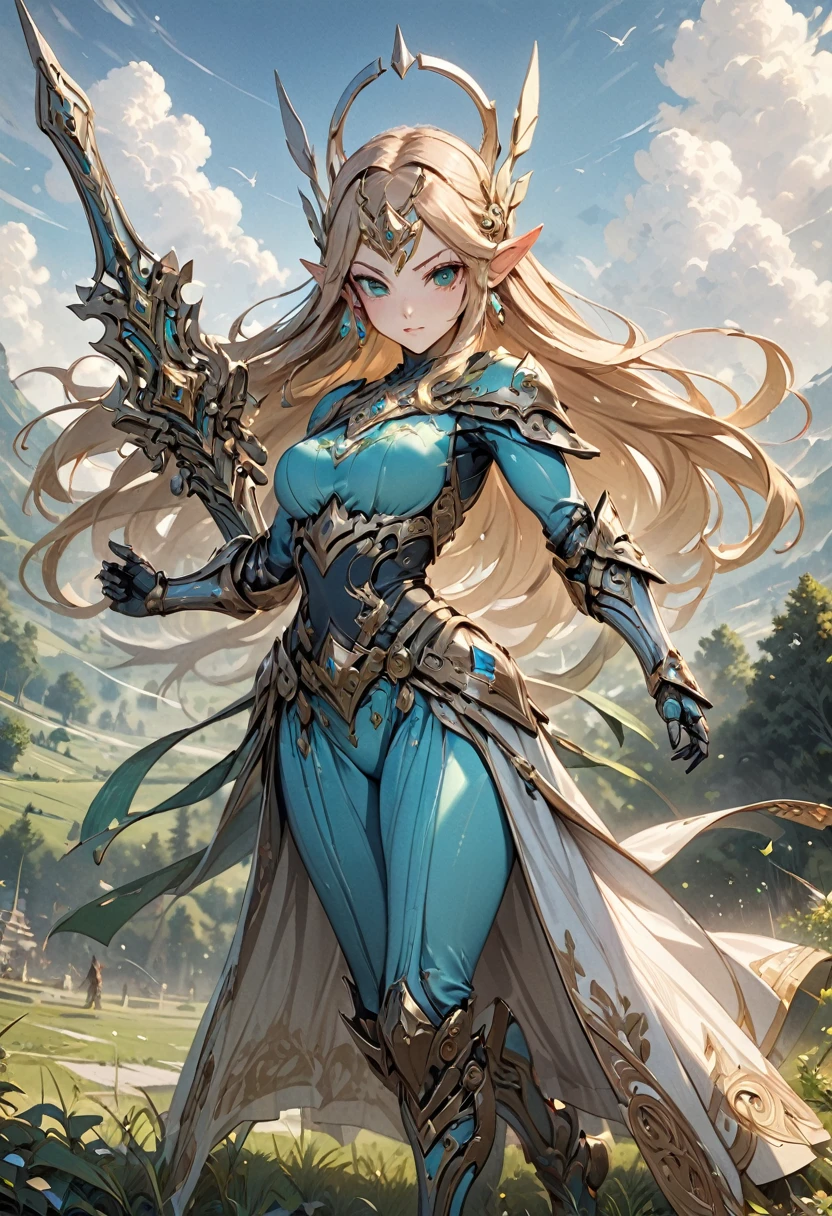 high details, best quality, 16k, [ultra detailed], masterpiece, best quality, (extremely detailed), full body, ultra wide shot, photorealistic, , fantasy art, dnd art, rpg art, realistic art, a wide angle, (((anatomically correct))) a wallpaper of an Princess Zelda, ready for battle with her mount (intense details, Masterpiece, best quality: 1.5),Princess Zelda (intense details, Masterpiece, best quality: 1.5), ultra detailed face, ultra feminine, fair skin, exquisite beauty, gold hair, long hair, wavy hair, small pointed ears, dynamic eyes color, wearing heavy green mech armor, shinning metal, armed with elven sword, green meadows, blue skies background and some clouds background depth of field (intricate details, Masterpiece, best quality: 1.5), full body (intricate details, Masterpiece, best quality: 1.5), high details, best quality, highres, ultra wide angle, Mechanical Creatures