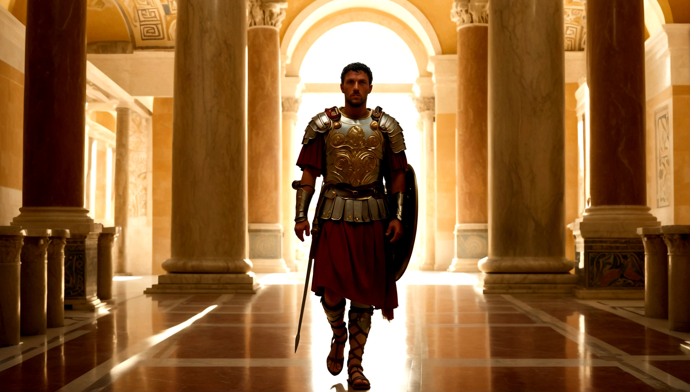 "A Roman soldier, clad in historically accurate armor, strides purposefully through the grand halls of a palace during the reign of Marcus Aurelius. The environment is richly detailed, capturing the opulence of ancient Rome, with intricate mosaics and towering columns that echo the footsteps of the soldier. The atmosphere is tense, suggesting a moment of significant historical importance."
