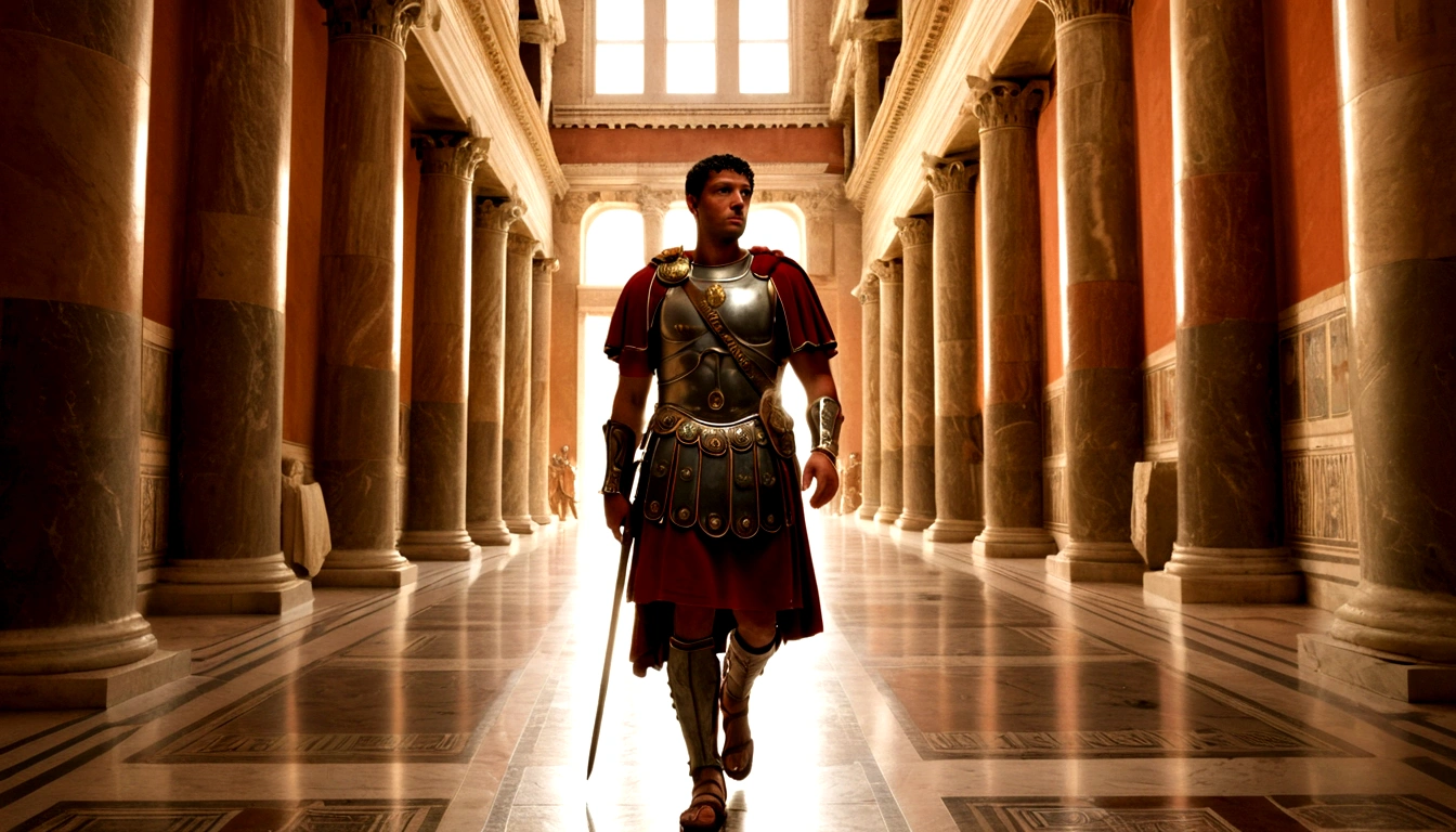 "A Roman soldier, clad in historically accurate armor, strides purposefully through the grand halls of a palace during the reign of Marcus Aurelius. The environment is richly detailed, capturing the opulence of ancient Rome, with intricate mosaics and towering columns that echo the footsteps of the soldier. The atmosphere is tense, suggesting a moment of significant historical importance."