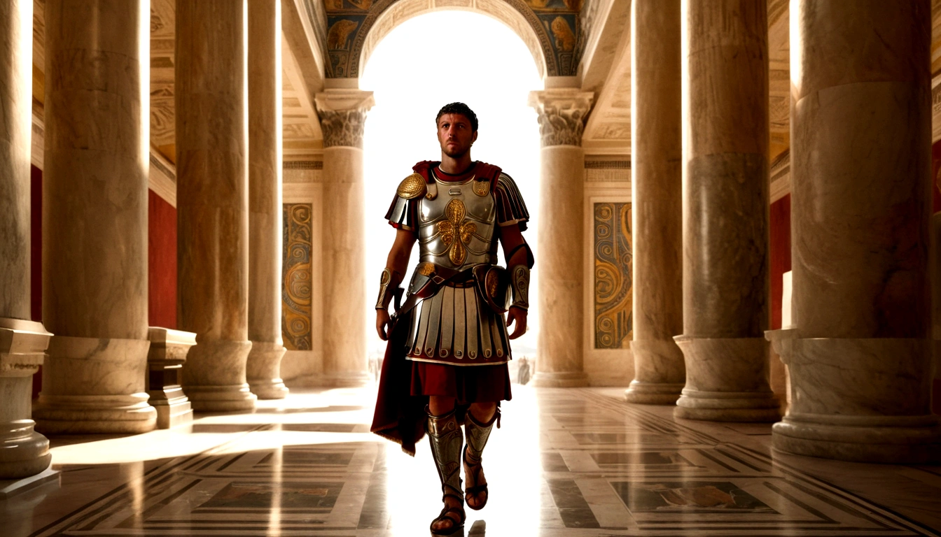 "A Roman soldier, clad in historically accurate armor, strides purposefully through the grand halls of a palace during the reign of Marcus Aurelius. The environment is richly detailed, capturing the opulence of ancient Rome, with intricate mosaics and towering columns that echo the footsteps of the soldier. The atmosphere is tense, suggesting a moment of significant historical importance."