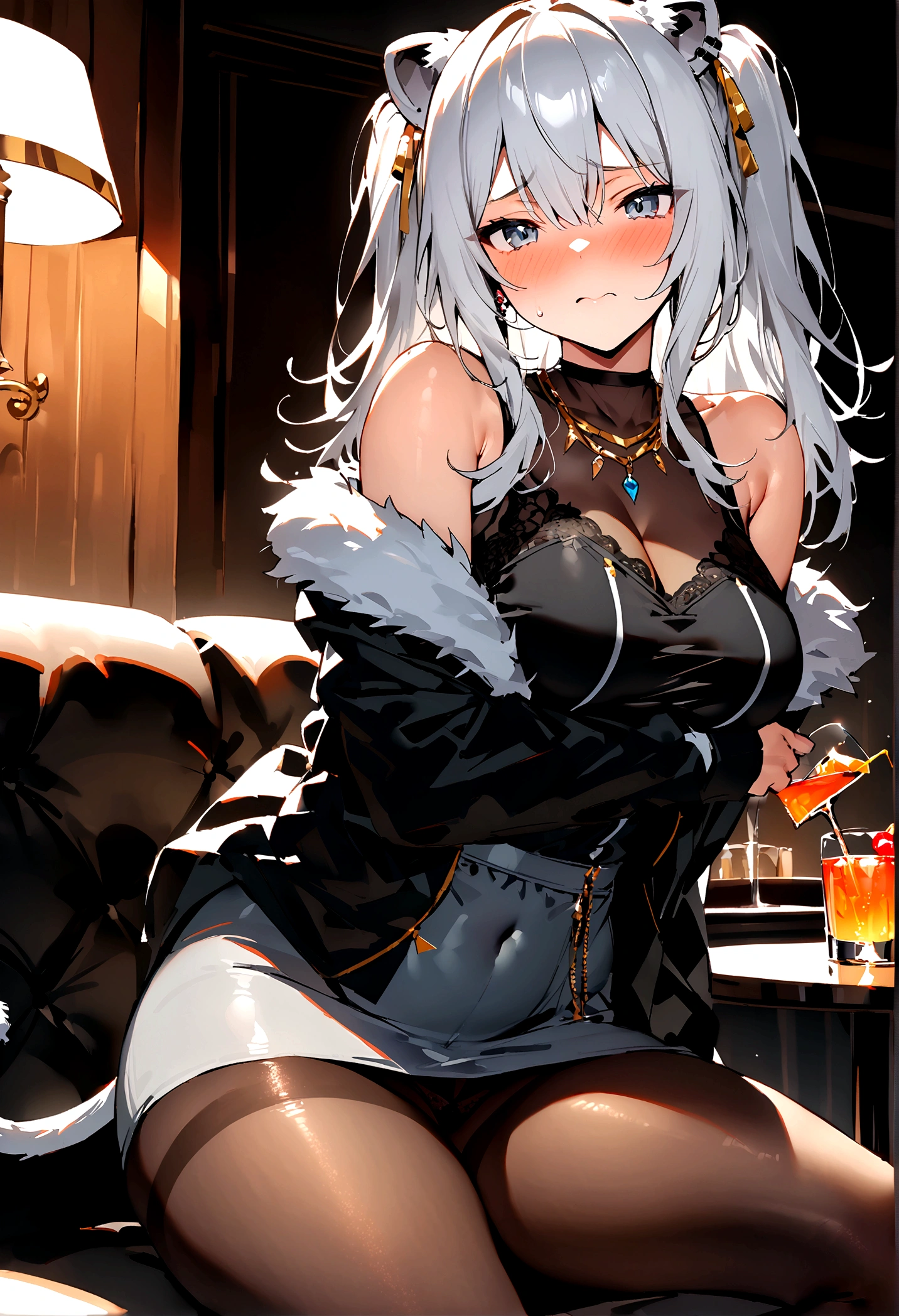 NSFW,masterpiece,Highest quality,High resolution,Super detailed,Shishirabotan\(Hololive\),Long Hair、Two Side Up、Earrings、Lion's Tail,necklace、Black Shirt、Sleeveless shirt、abdomen、See-through、Grey Skirt、片足pantyhose、pantyhose、fur-trimmed jacket、Black jacket、Off the shoulder,Black sexy panties,Embarrassed,blush,Luxurious Room,pub,Private room,sofa,Cocktail Glass,(Drunk),(Intoxication),Sitting,heart,Sexy pose,Panty shot,Nampa,From the side,(Strong-faced men),A man embraces