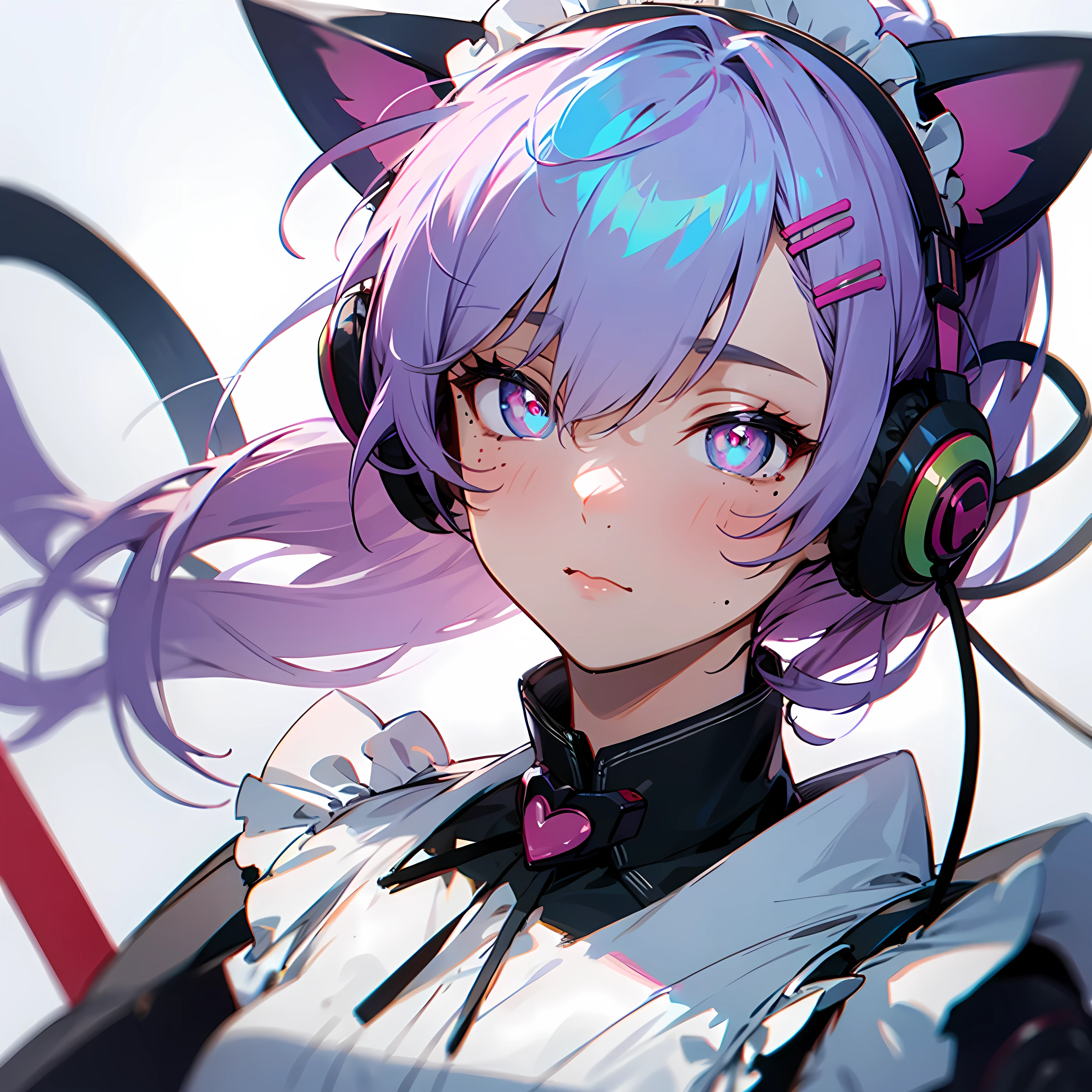rainbow hair, ponytail, hairclip, hair ribbon, hair bow, maid headdress, goggles, mole under eye, heart-shaped pupils, cat ear headphones, bored