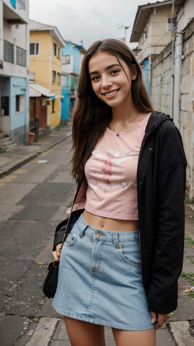 iPhone portrait bright overcast, comuna 13, 1 girl 22 years old, smiling, trendy casual outfits