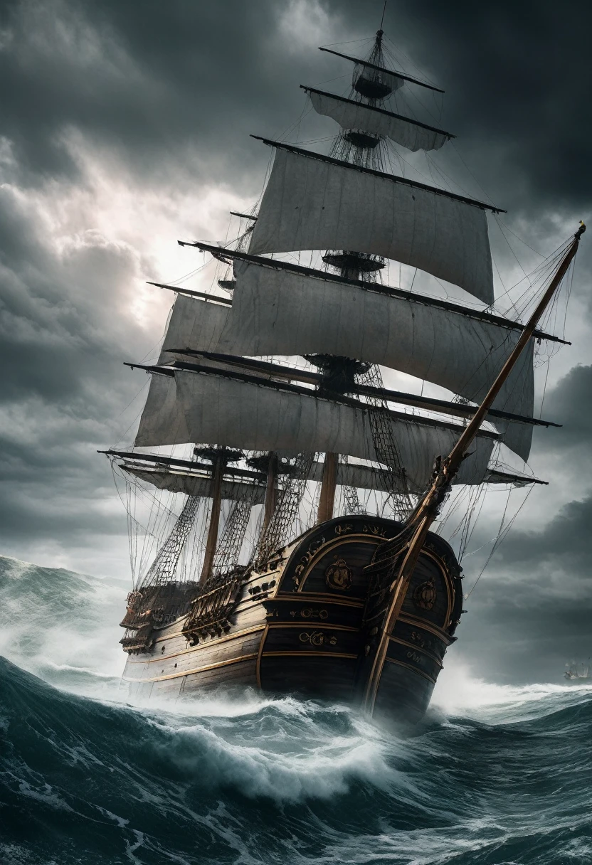 Stormy sea Christopher Columbus's flagship in a storm. Cinematic picture. ultra-stunning lighting. (Columbus Flagship) concept art, super detail, amazing composition. hyperrealistic photography, --ar 2:3 --expressive style --v 5.

