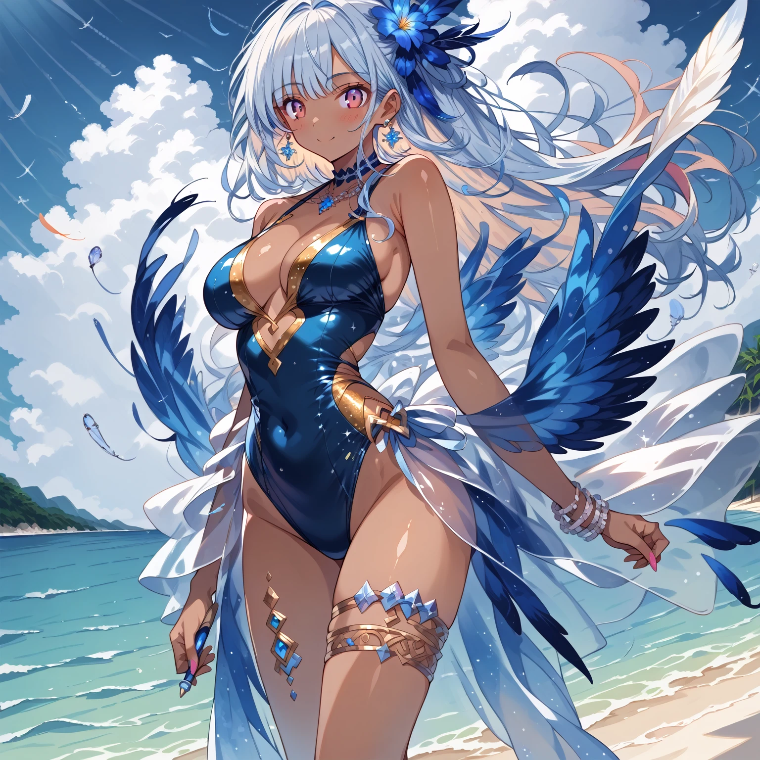 score_9, score_8_up, score_7_up, source_anime,masterpiece, best quality, high resolution, extremely detailed CG, absurdres, highres, 1girl, a dark skin girl in a swimsuit, posing at the beach, (((light blue hair))), golden_decorations, feathers on swimsuit, asymmetric swimsuit, ((glitter swimsuit, shiny swimsuit)), Ombre swimsuit, gorgeous, single thighhigh, beach and blue sky in background, ((((transparent_dress)))), neondskdrmsxl