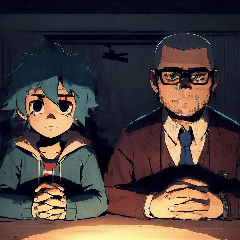 anime characters sitting at a table with a cat in their hands, 2 days anime style, 2 days anime, 2 days gorillaz, gorillaz art, Gorillaz style, gorillaz, arte 2D, 2 days art, arte 2D cover, 2 days style, 2 days digital, gorillaz phase 1, 2D, 2 days, Still image from 2D movie