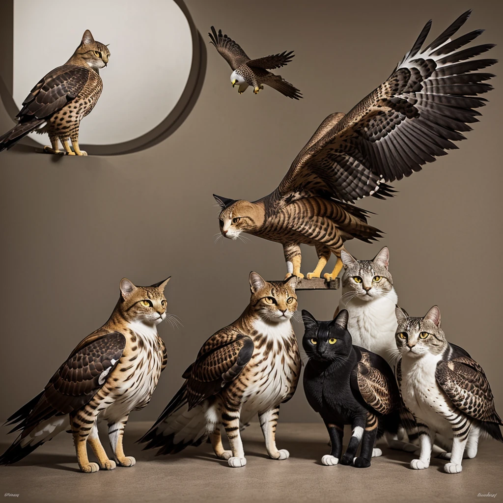 real photography, unique composition that mixes and brings together in an almost surreal design four different types of animals in one cat body, hawk's tail, head of spider monkeys, Angler fish arms and legs There is a frame in the image that refers to the 2d image drawn with lines that become wind and water and fire and earth at the base, WITH TRANSPARENT BACKGROUND