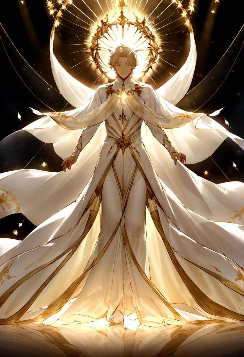 Adorned in robes of ethereal white, fabric with threads of divine light, Genesis embodied the essence of purity and divinity. His clothes seemed to float around him, as if they were made of feathers instead of fabric. The heavenly radiance emanating from Genesis enveloped him in an unearthly glow, illuminating your every step with a captivating luminosity.