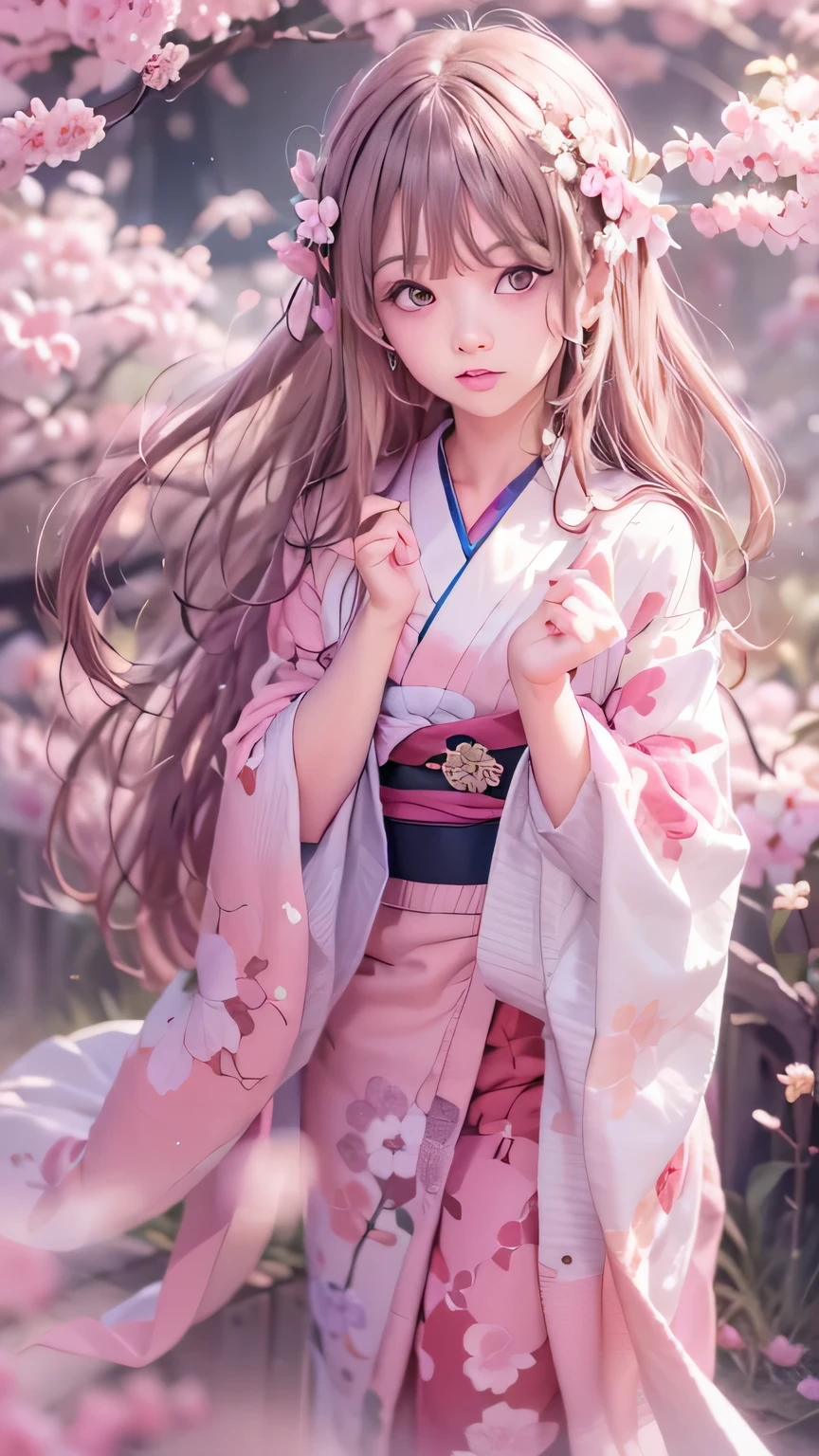 Very beautiful photos,A woman with long hair and a cherry blossom crown on her head, ((Pink Eyes:1.7)),blunt bangs, 10 year old girl.Cover your ears,Elementary school girl,Beautiful Anime girl, Beautiful Anime Women, Beautiful Animeスタイル, Beautiful Anime Portraits, Heavenly Beauty, Beautiful Anime, Gwaiz, ((Beautiful Fantasy Empress)), Beautiful and attractive woman, Anime Goddess, Beautiful maiden, artwork in the style of Gwaiz、(Plain white kimono:1.4),(White clothing:1.4),Pink gradation from the hem to the top of the kimono,A woman standing under an old cherry tree in full bloom,mysterious woman,Mysterious atmosphere,(Small Tits),((Pink Hair:1.5)),Fallen cherry blossom petal effect:1.7,Cool light color lighting,A pale pink light shines from behind,The beauty of cherry blossoms at night,Moonlight,Fantasy film influence,Fantastic cherry blossoms,