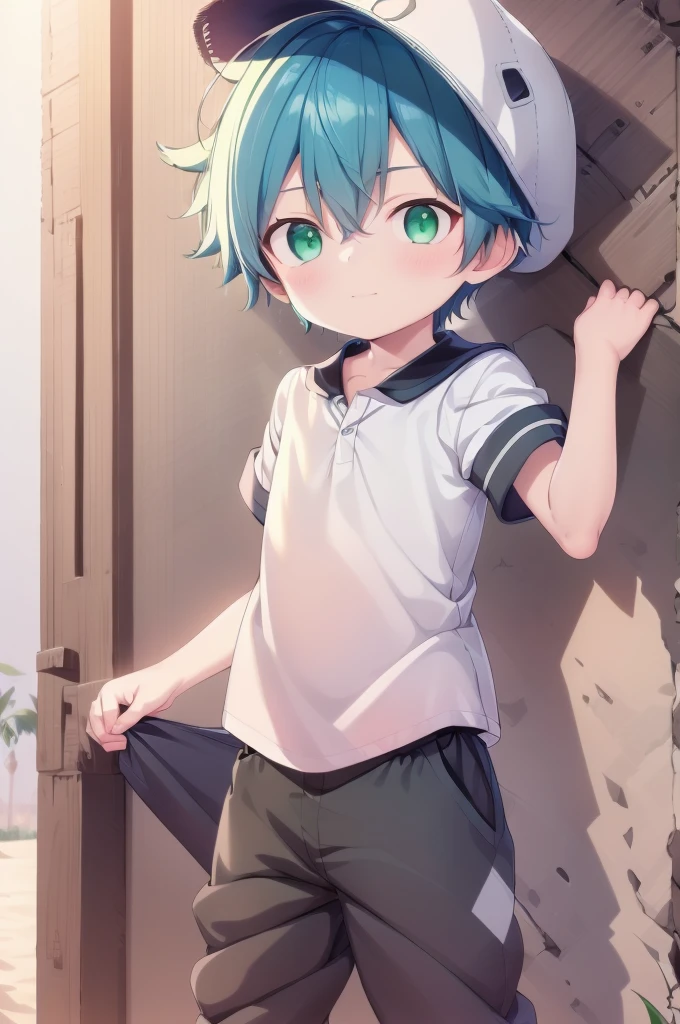 1 boy, Aoi, Blue Hair, masterpiece, Ultra Detailed, Male focus, Green Polo Shirt, Green baseball cap, Green Eyes，One-piece mountaineering suit
 