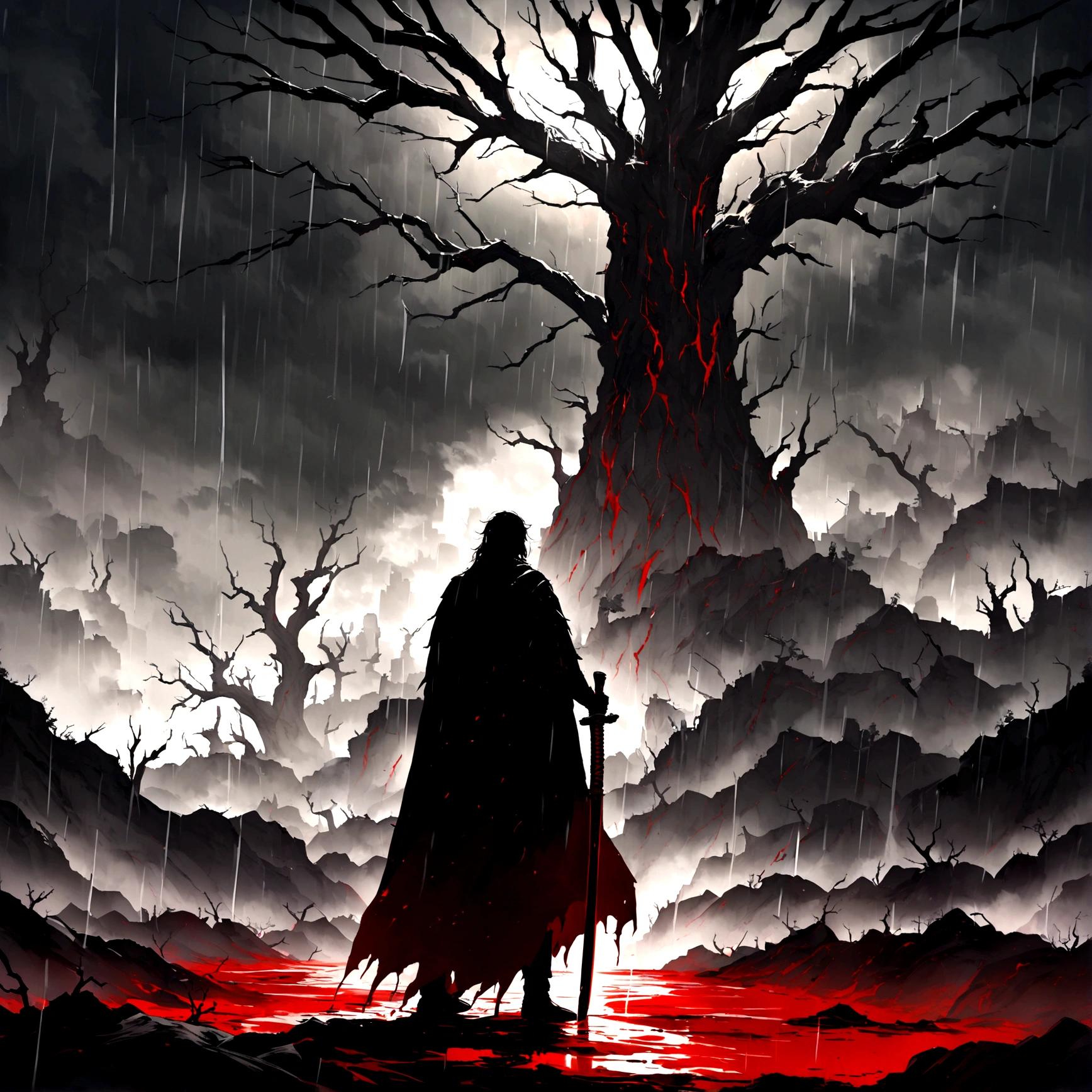 On a cloudy and gloomy day, with dense clouds blocking almost all sunlight, a young warrior with a serious expression and piercing eyes stands out in the desolate scenery. Wearing a torn black cloak and holding a shining katana, he is surrounded by a barren landscape with twisted trees. From the sky, a rain of blood falls, creating scarlet puddles on the ground and staining his clothes and hair. Despite this, the warrior remains impassive and determined. The scene's lighting uses dark contrasts, with deep shadows and points of light highlighting the character and the macabre rain of blood, resulting in a dramatically impactful image.