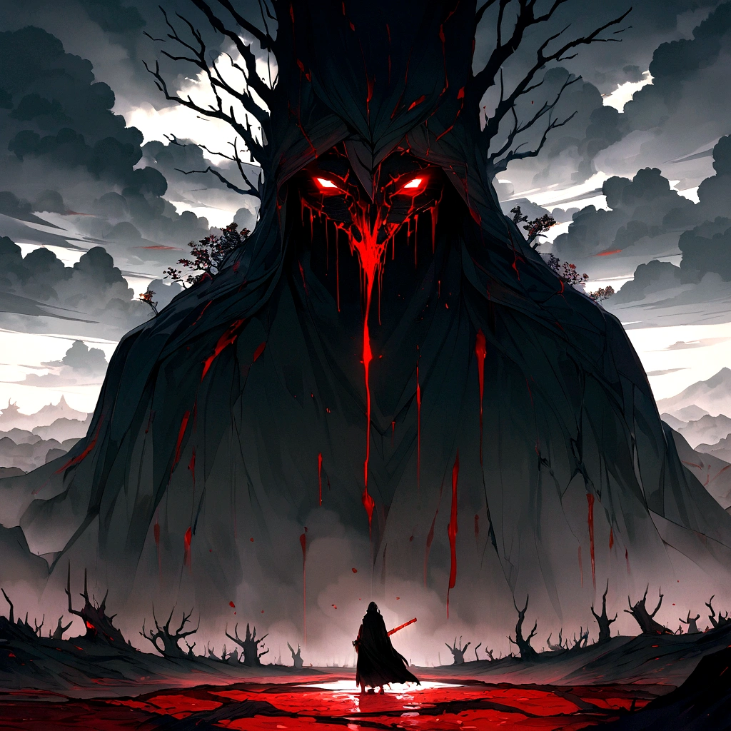 On a cloudy and gloomy day, with dense clouds blocking almost all sunlight, a young warrior with a serious expression and piercing eyes stands out in the desolate scenery. Wearing a torn black cloak and holding a shining katana, he is surrounded by a barren landscape with twisted trees. From the sky, a rain of blood falls, creating scarlet puddles on the ground and staining his clothes and hair. Despite this, the warrior remains impassive and determined. The scene's lighting uses dark contrasts, with deep shadows and points of light highlighting the character and the macabre rain of blood, resulting in a dramatically impactful image.