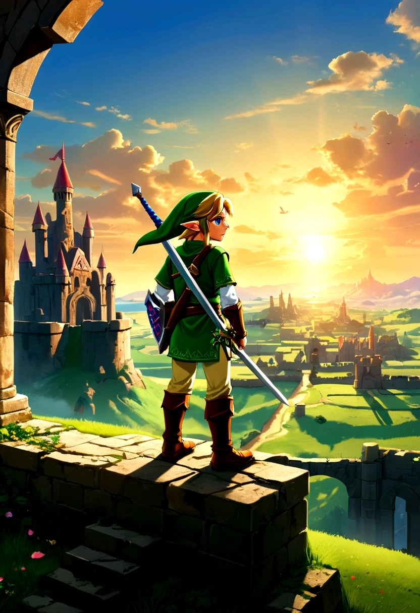 (The Legend of Zelda), Brave Link stood alone On the ruins of the castle, staring into the distance. The setting sun was like blood, reflecting on his  figure. The sword in his hand hung quietly to the side. Although he was surrounded by desolation, his heart was still full of hope and courage, full body, (Photography), panoramic view, award-winning, cinematic still, emotional, vignette, dynamic, vivid, (masterpiece, best quality, Professional, perfect composition, very aesthetic, absurdres, ultra-detailed, intricate details:1.3)