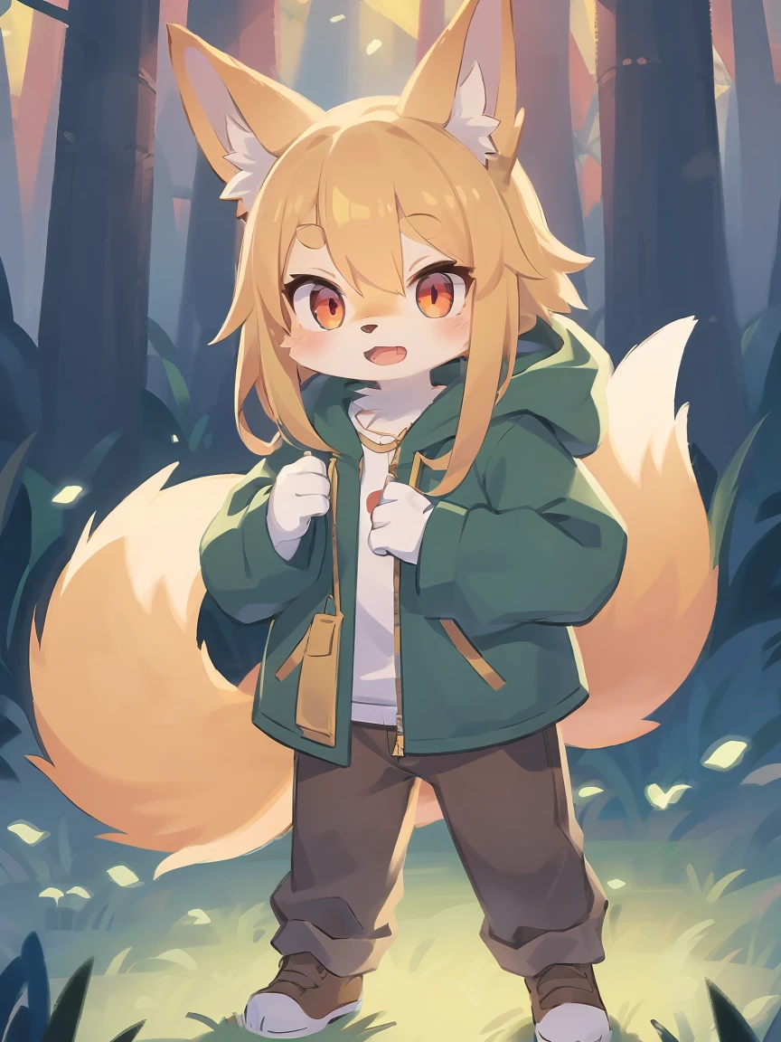 flat color, shota the fox, , was hairy, shaggy, skin fur, smooth lashes, golden fur, forelimb hands, straight long blonde hair, solid circle eyes, golden ears, golden fur, golden facial fur, shiny hair, red eyes, super cute face, 1fox tail, fluffy tail, furry tail, glowing eyes, green coat green hood down, brown trousers, standing, open mouth, ambient light, ultra-fine fur, dashed eyes, (full body), masterpiece, high quality, high-details, best quality, (solo)